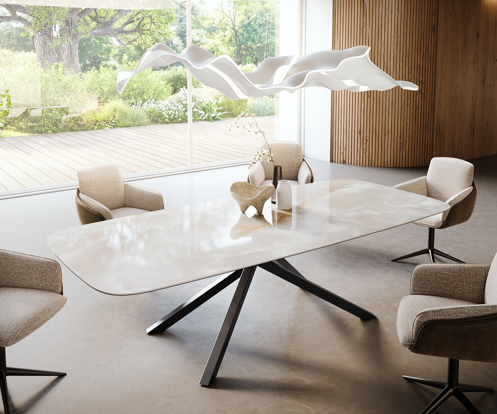 Esstisch Edge Boot 270x120 cm Keramik Iris FMG Onice Grigio Kreuzgestell Rechteck Schwarz
