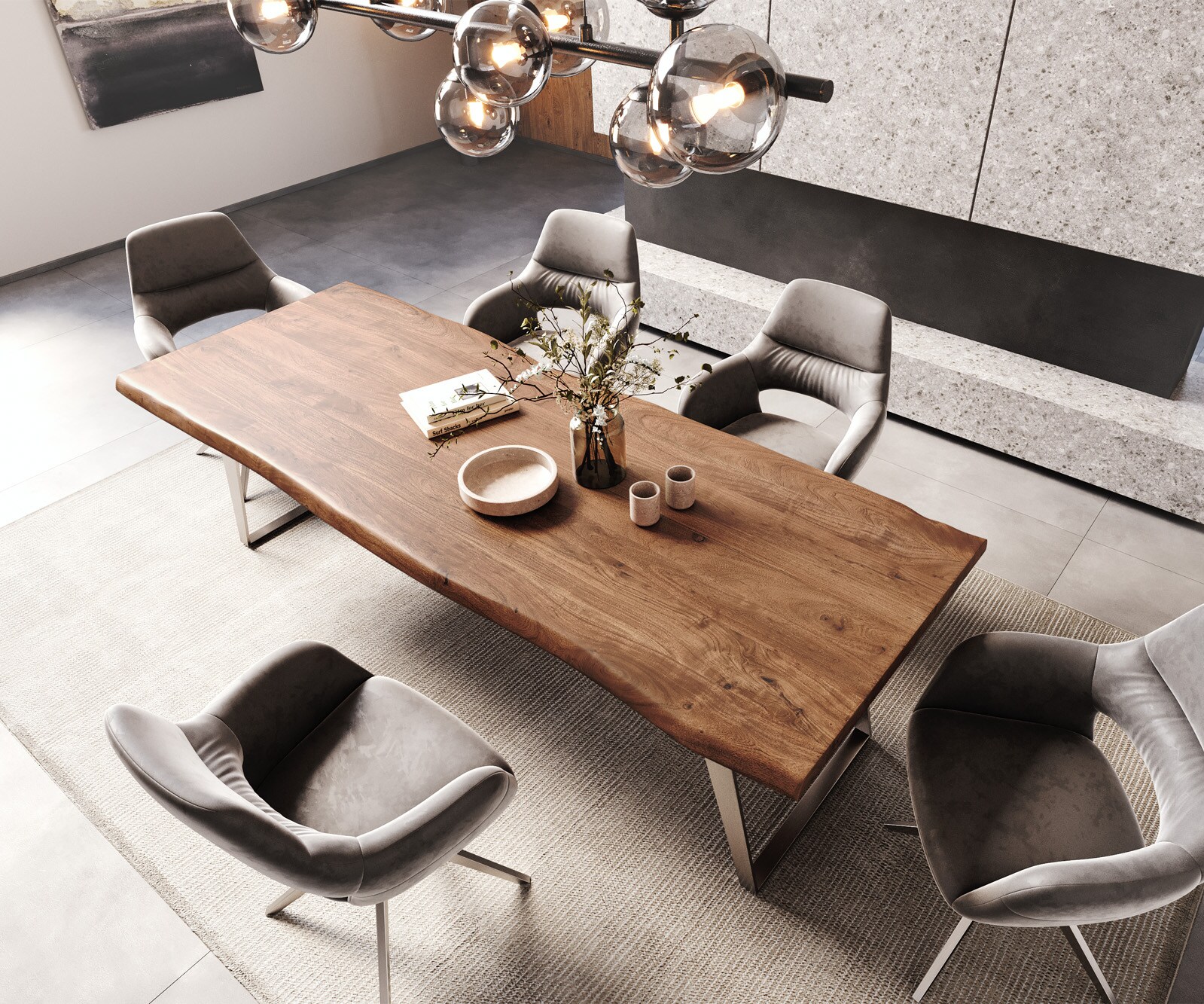 Table-à-manger Edge 260x100cm XL acacia marron acier inoxydable argent incliné Live-Edge 4