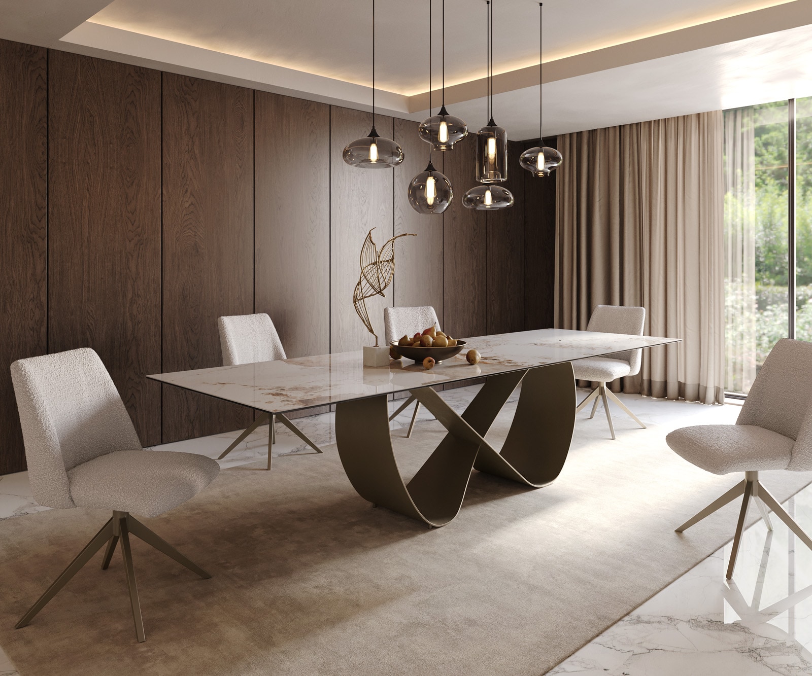 Esstisch Edge 300x100cm Keramik Minas Melange Weiß-Beige Infinity Metall Effektfinish Titan 8