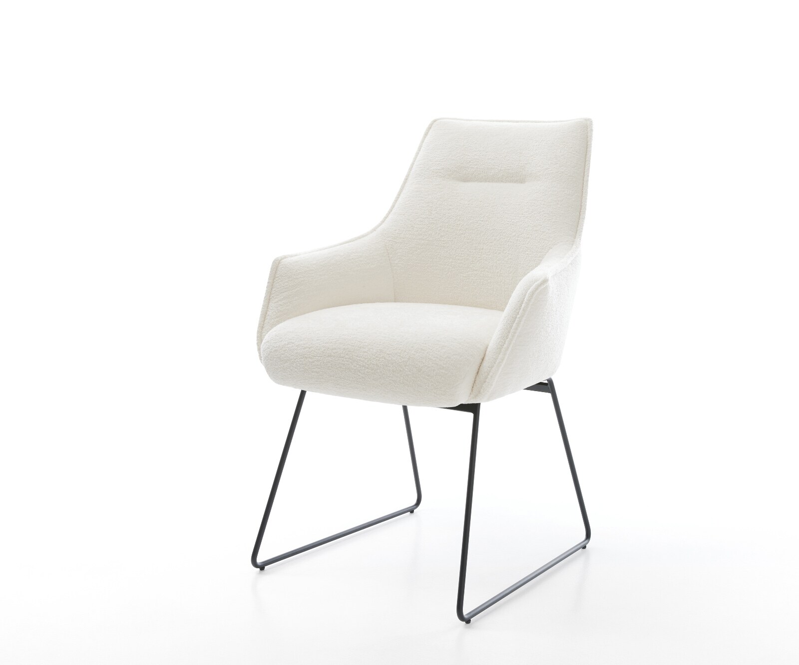 Chaise-de-salle-à-manger Alja-Flex avec accoudoirs bouclé doux beige pied trapèze noir resorts ensachés 1
