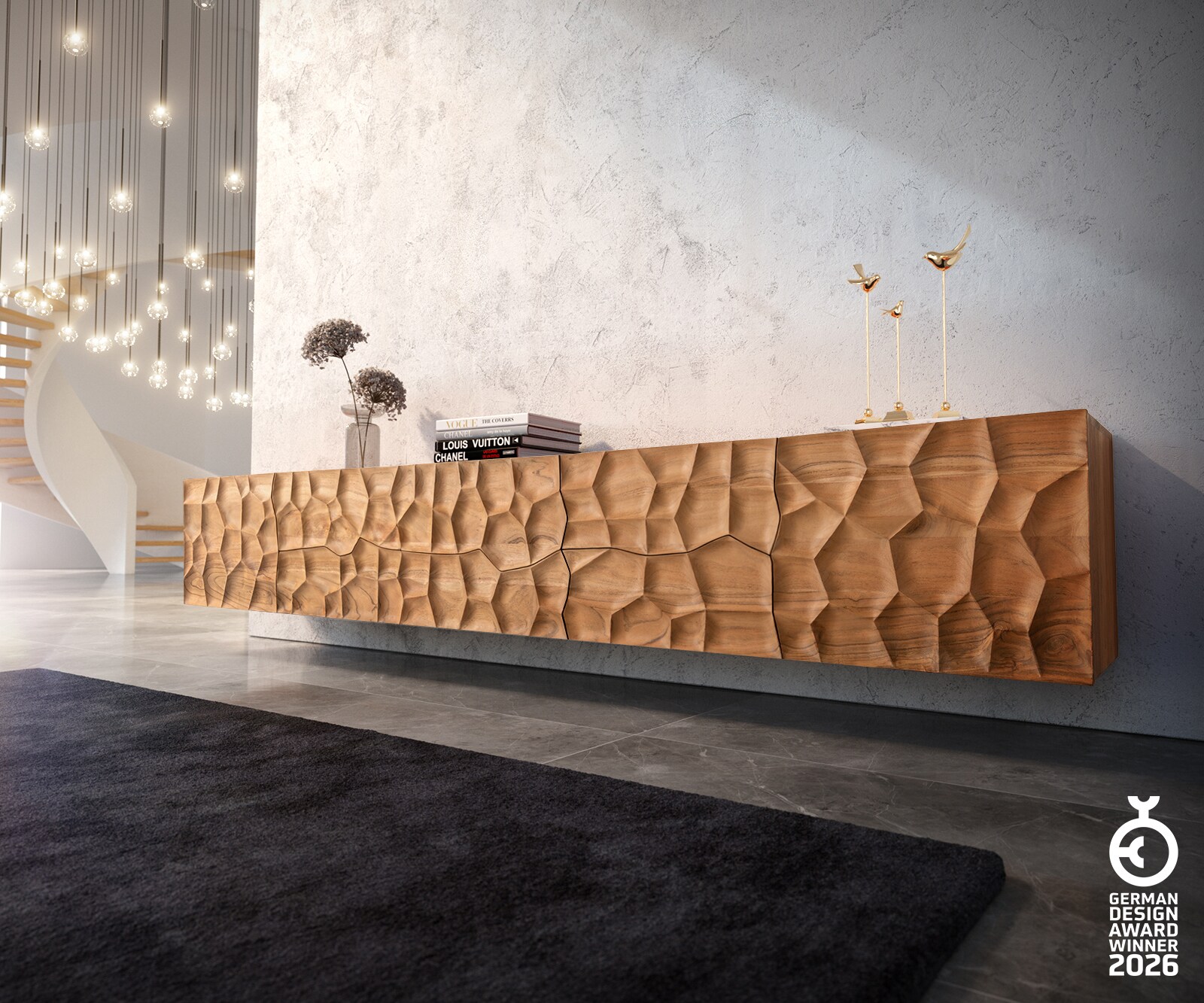 Lowboard Solu 260 cm Akazie Natur 2 Türen 6 Schübe schwebend 3D-Front