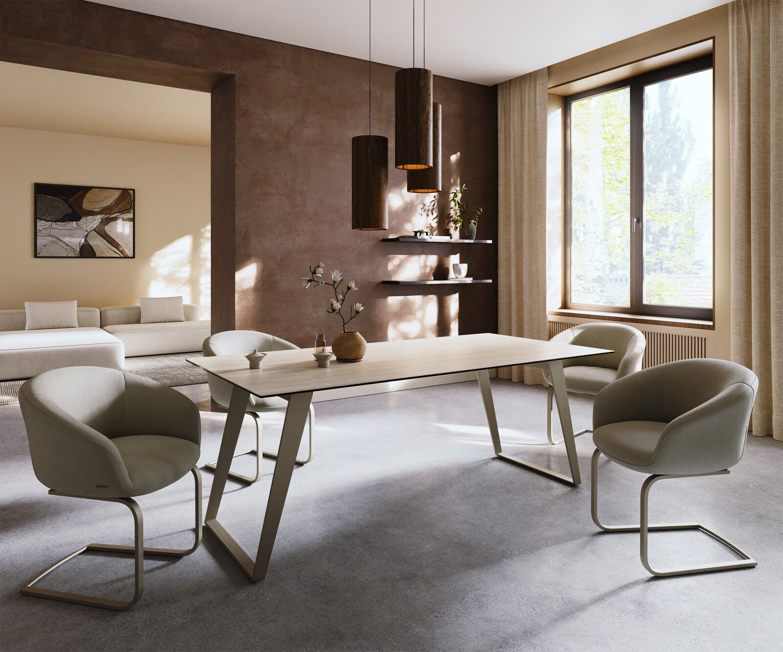 Table à manger Edge 200x100 céramique Laminam® Travertino Bianco crème-blanc métal incliné effet finition titanee 7