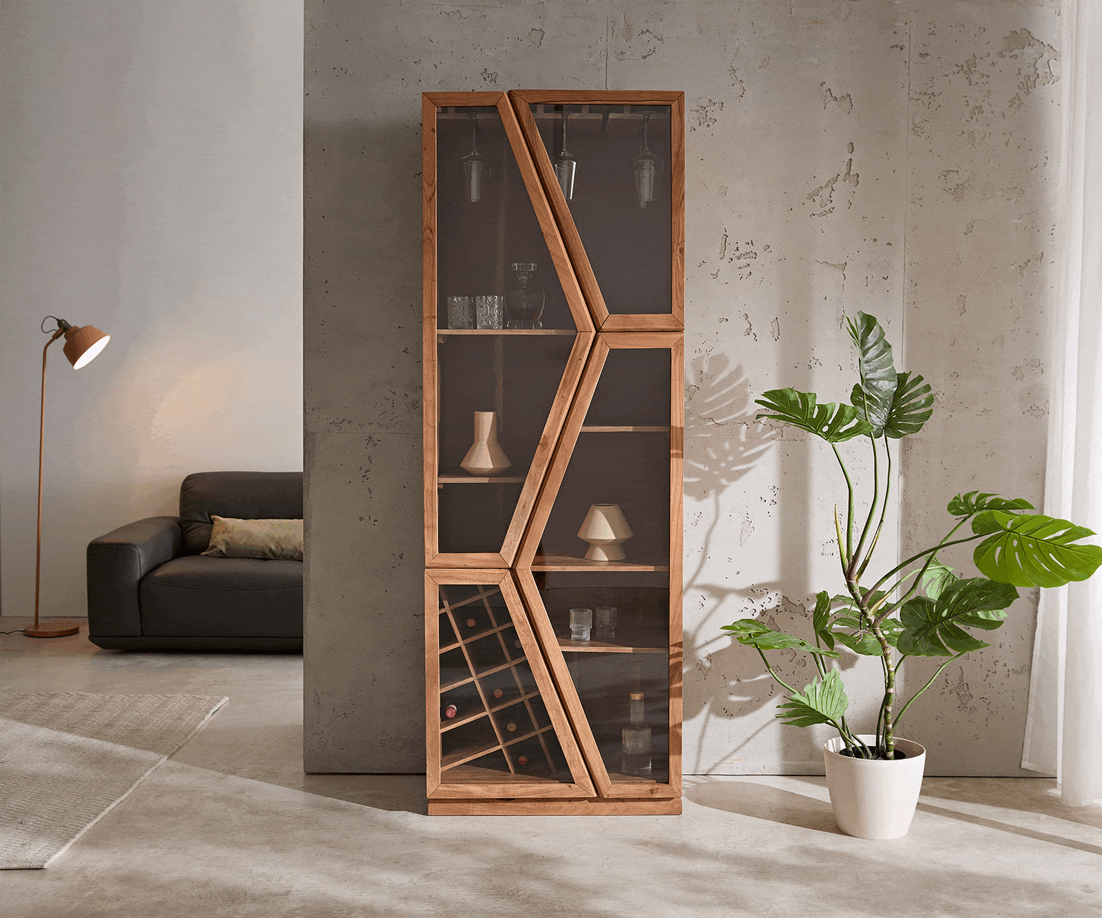 Vitrine-en-verreTaza 75x210 cm acacia naturel 4 portes armoire de bar 3