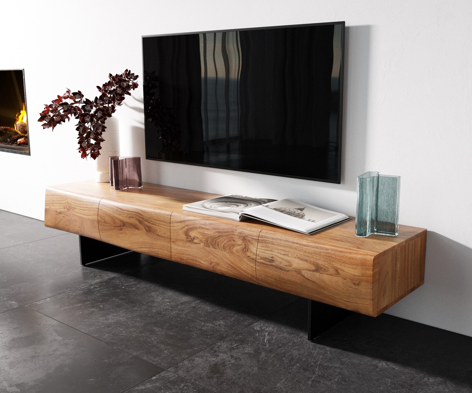 Lowboard New Live-Edge 175 cm Akazie Natur 4 Türen Fuß schwebend Metall Schwarz