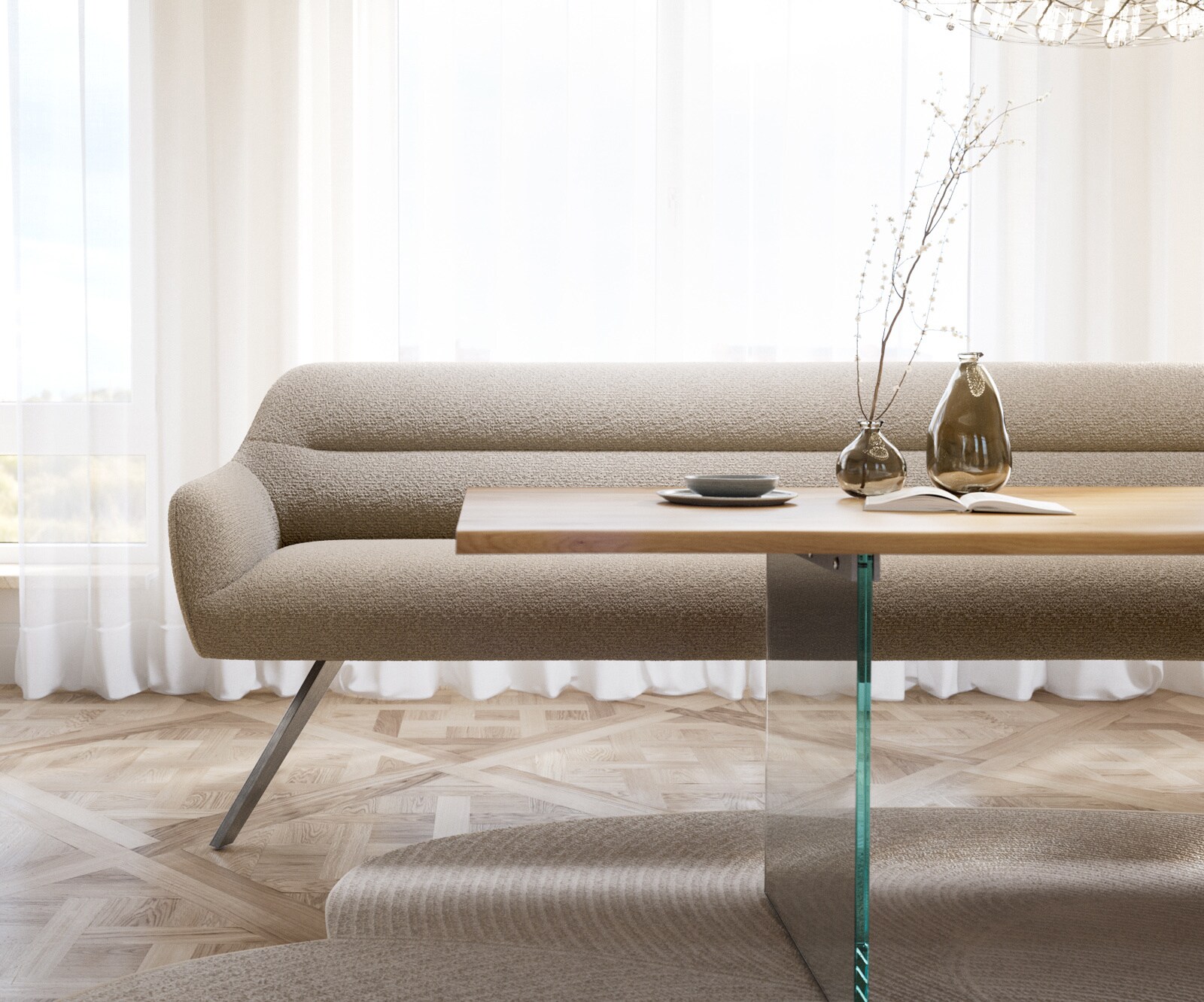 Esszimmerbank Taya-Flex 300 cm Bouclé Schlamm Kreuzgestell kantig Edelstahl Taschenfederkern 1