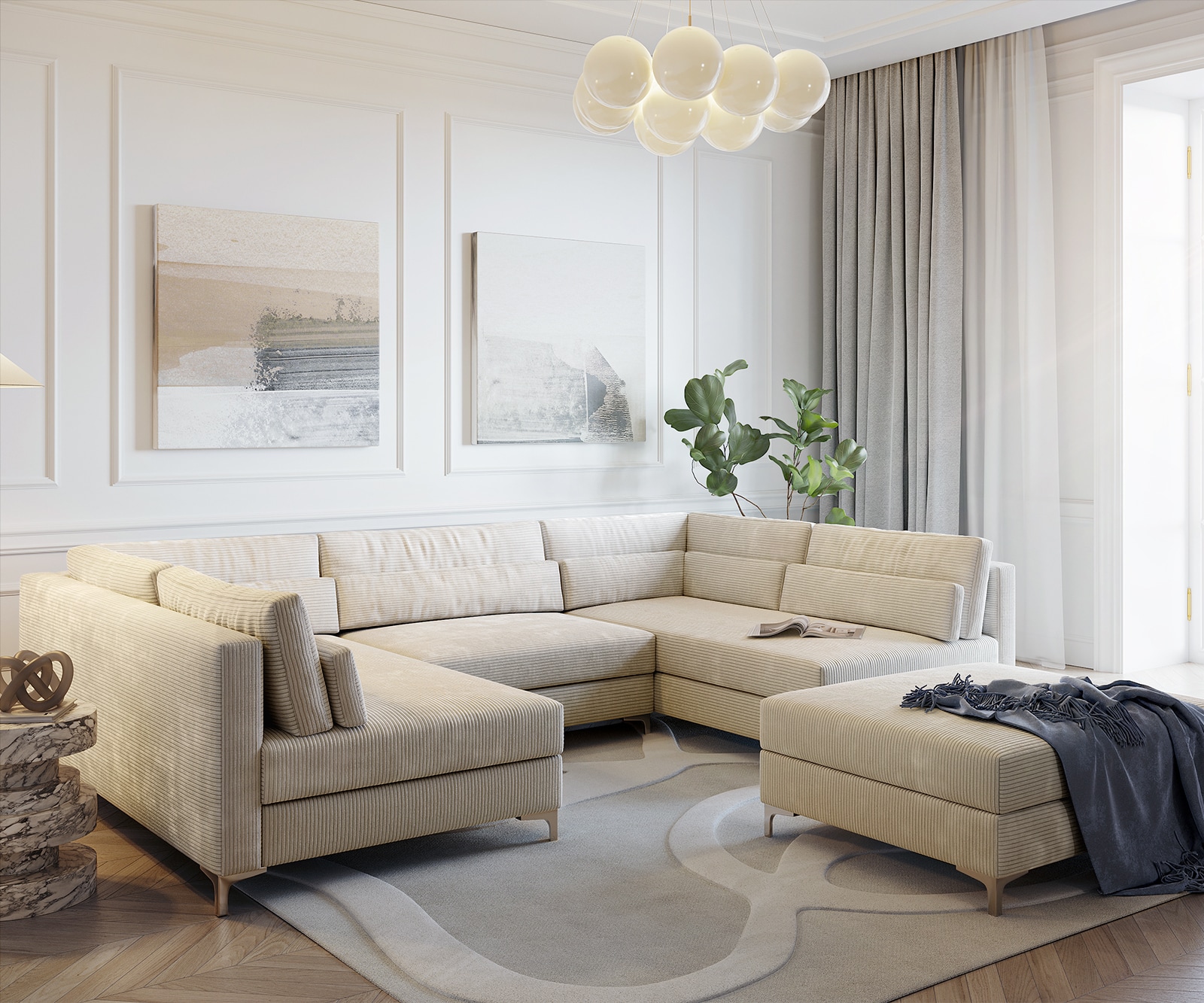 Wohnlandschaft Elio 300x185 cm Cord Beige mit Hocker Wohnlandschaft Elio 300x185 cm Cord Beige mit Hocker