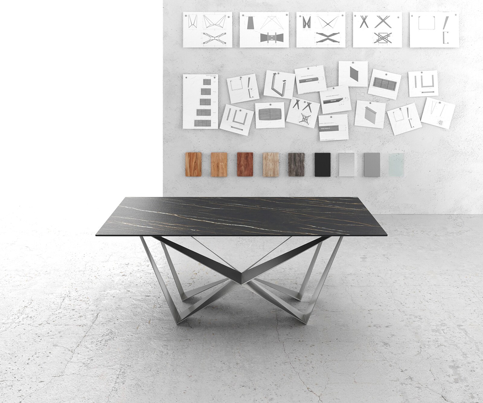 Table-à-manger Edge 200x100cm Laminam® céramique marron pieds milieu acier plat argent 1