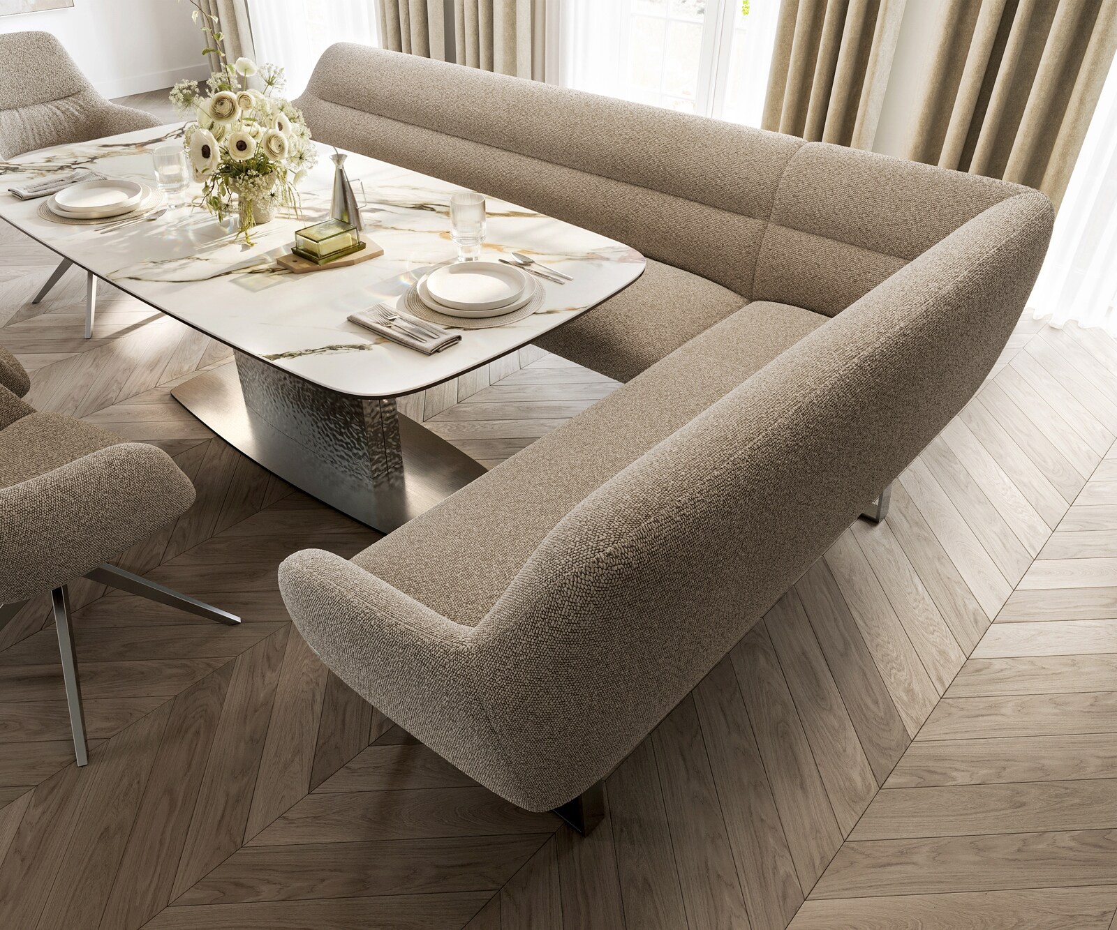 Banc-de-salle-à-manger Taya-Flex 285x190 cm bouclé boue piètement à patins angulaire acier inoxydable ressort ensaché liens 4