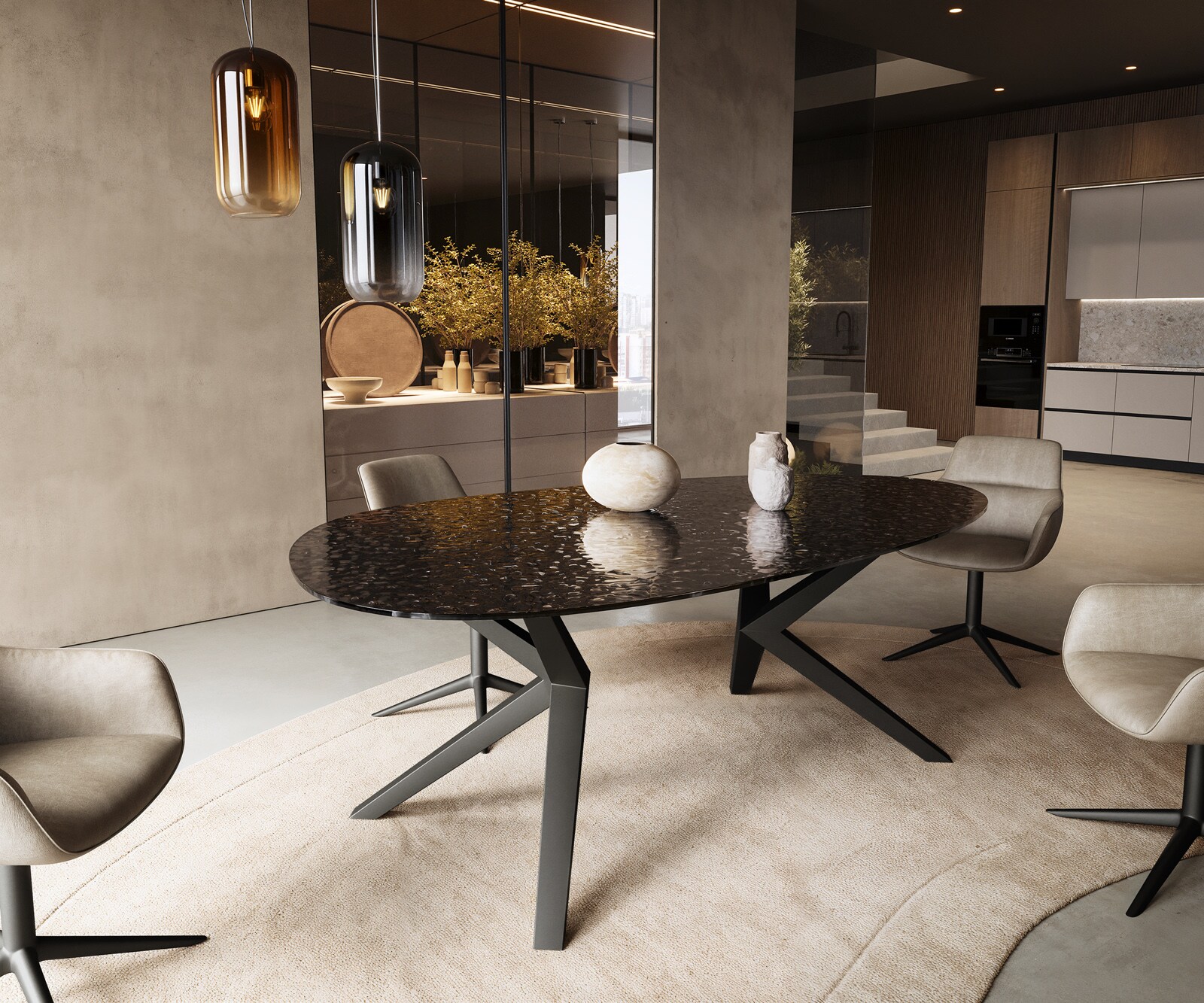 Esstisch Edge Oval 220x120 Reliefglas Rauchschwarz 3D-Design Zenthara kantig Metall Schwarz