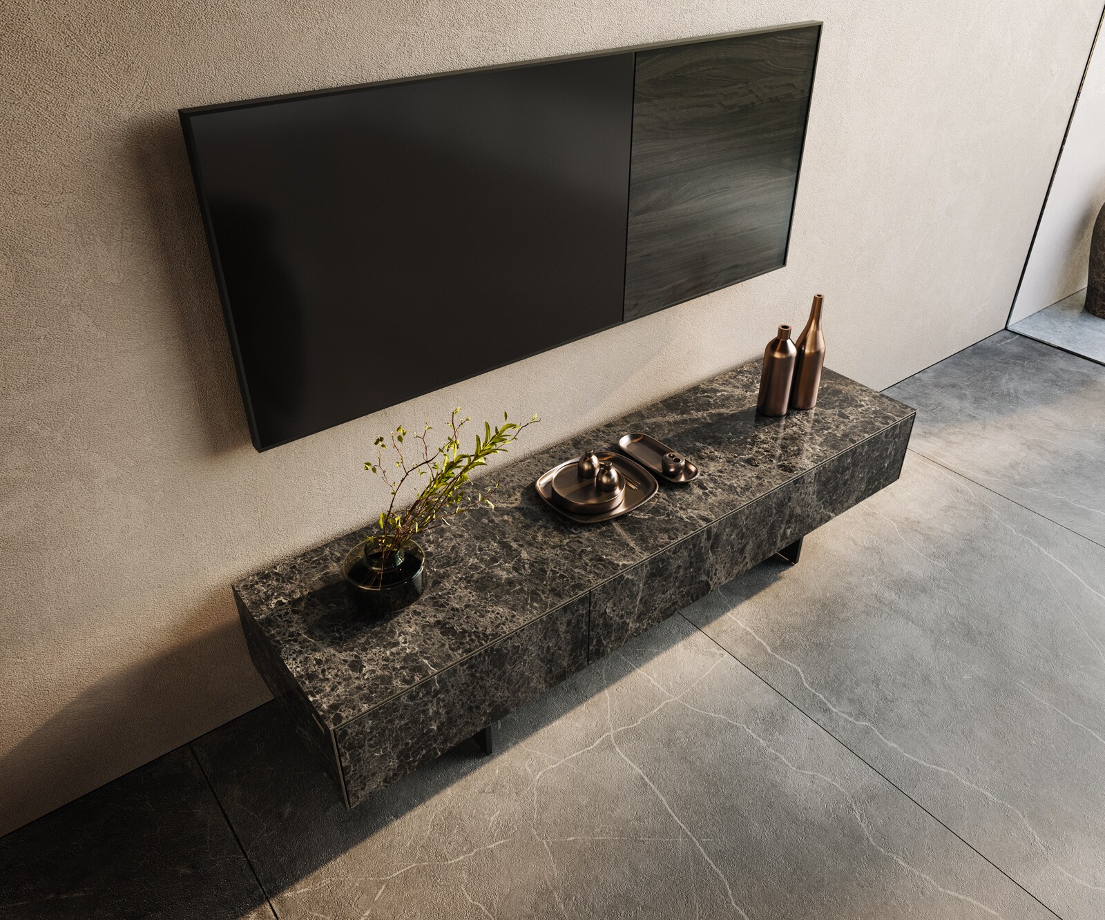 Lowboard Cuor 150 cm Keramik Laminam® Emperador Extra Lucidato Dunkelbraun 1 Klappe 1 Schubfach Fuß Schwebeoptik Metall Schwarz 3