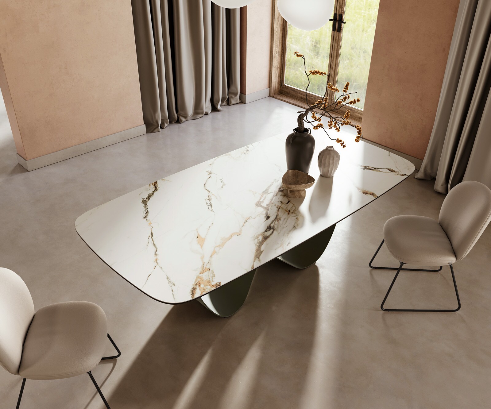 Esstisch Edge Boot 240x120cm Keramik Calacatta Luxe Weiß-Gold-Grau Infinity Metall Effektfinish Titan 4