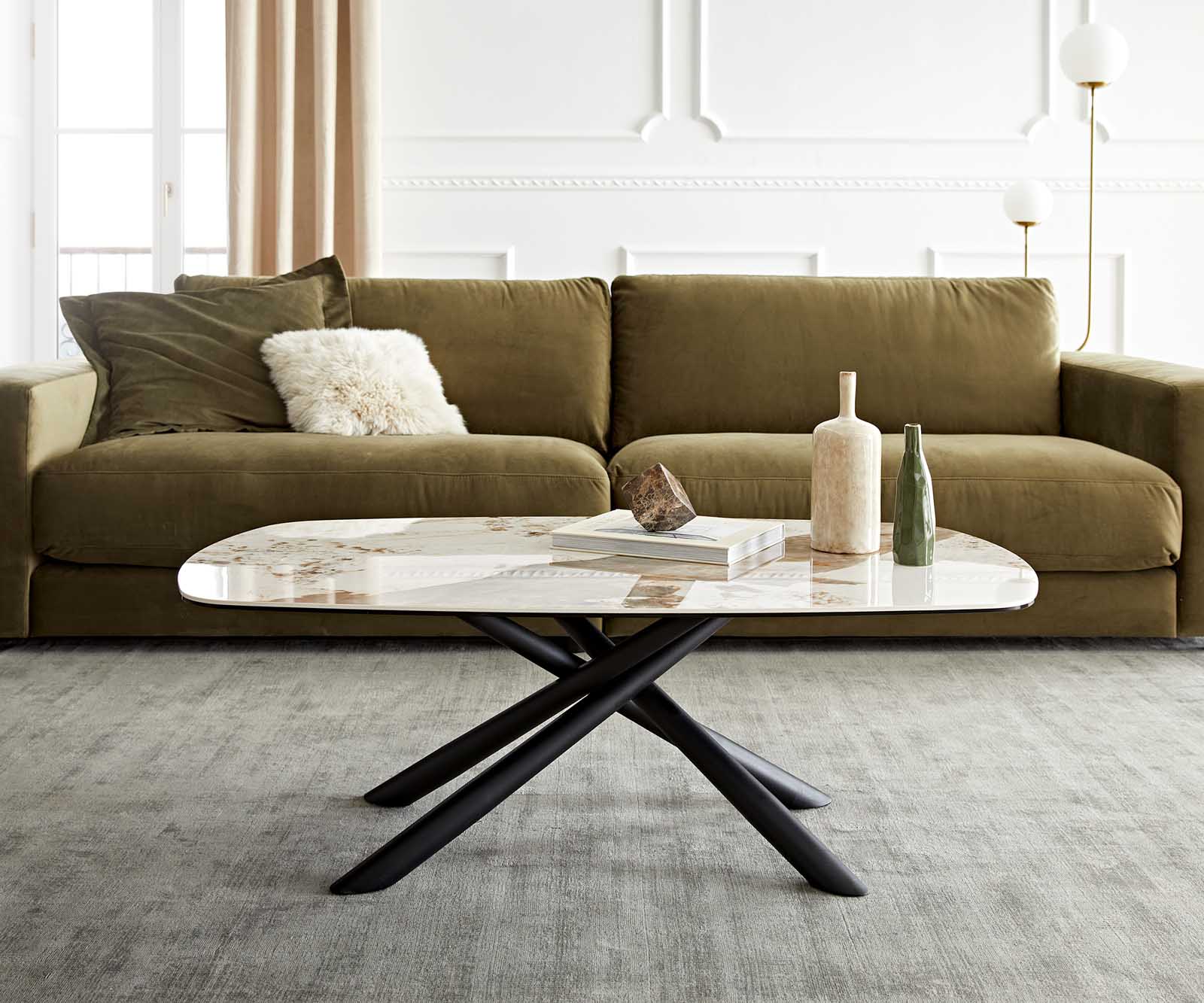 Couchtisch Sarita 120x70 cm Keramik Minas Melange Weiß-Beige Gestell Metall Schwarz 2