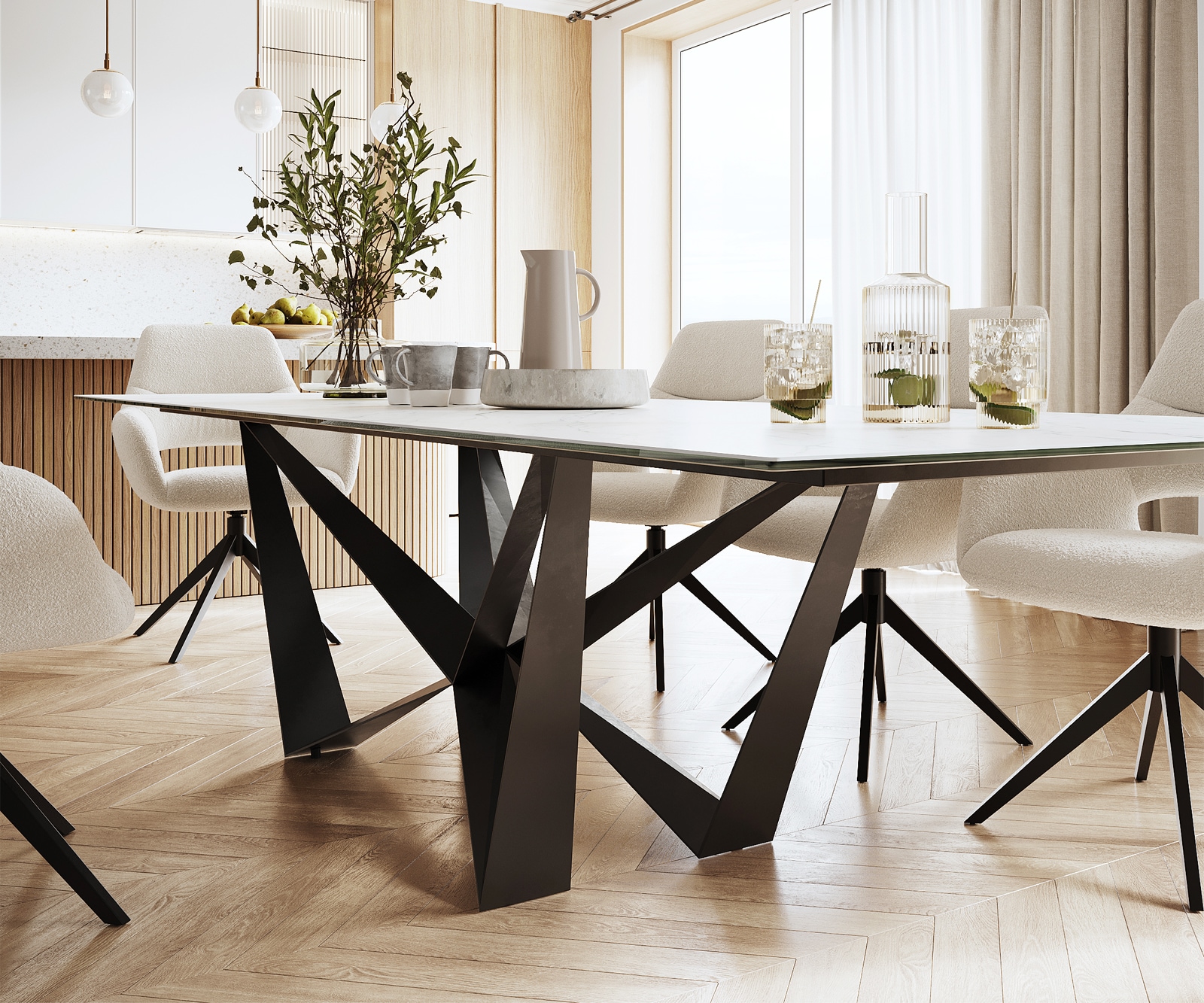 Table-à-manger Edge 300x100cm Laminam® céramique blanc pieds milieu acier plat noir 4 Table-à-manger Edge 300x100cm Laminam® céramique blanc pieds milieu acier plat noir 4
