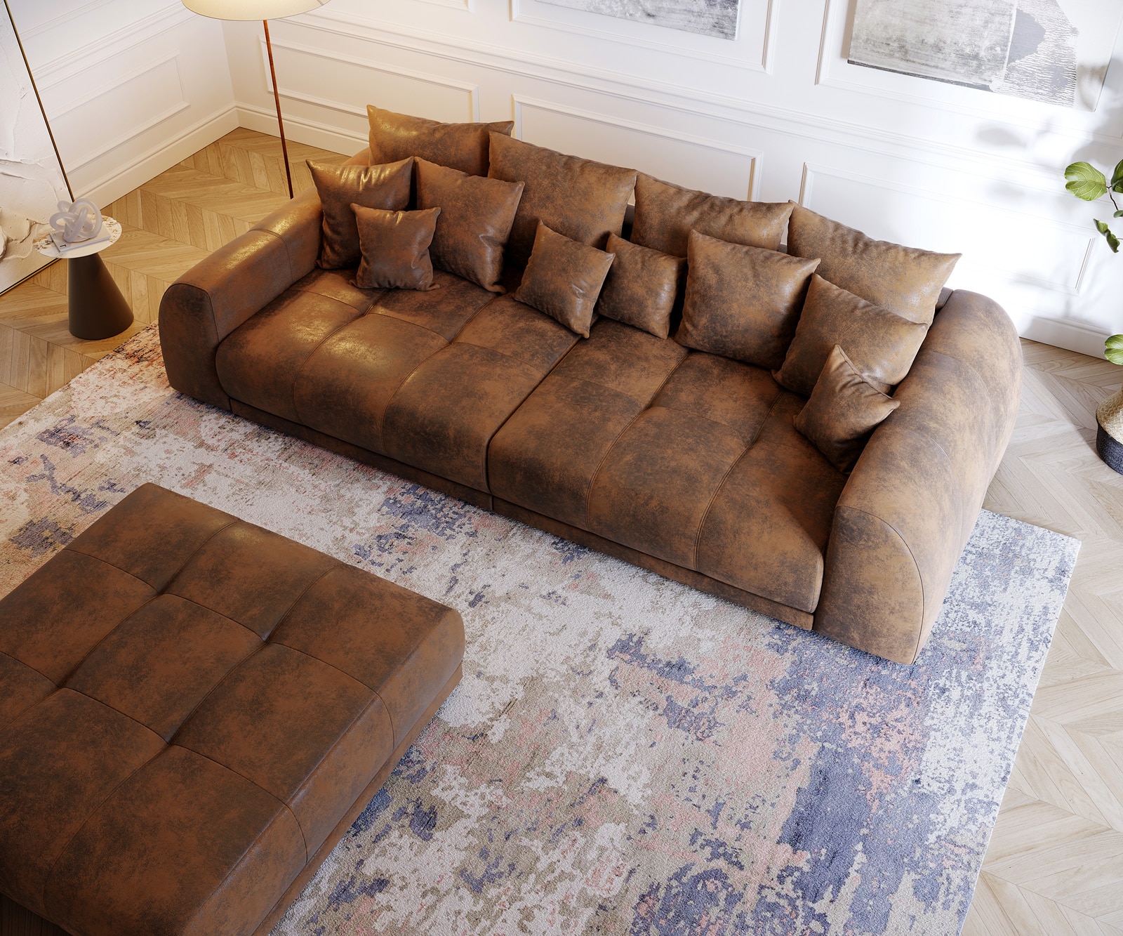 Big-Sofa Violetta Braun 310 x 135 cm Antik Optik inklusive Hocker Kissen Big-Sofa