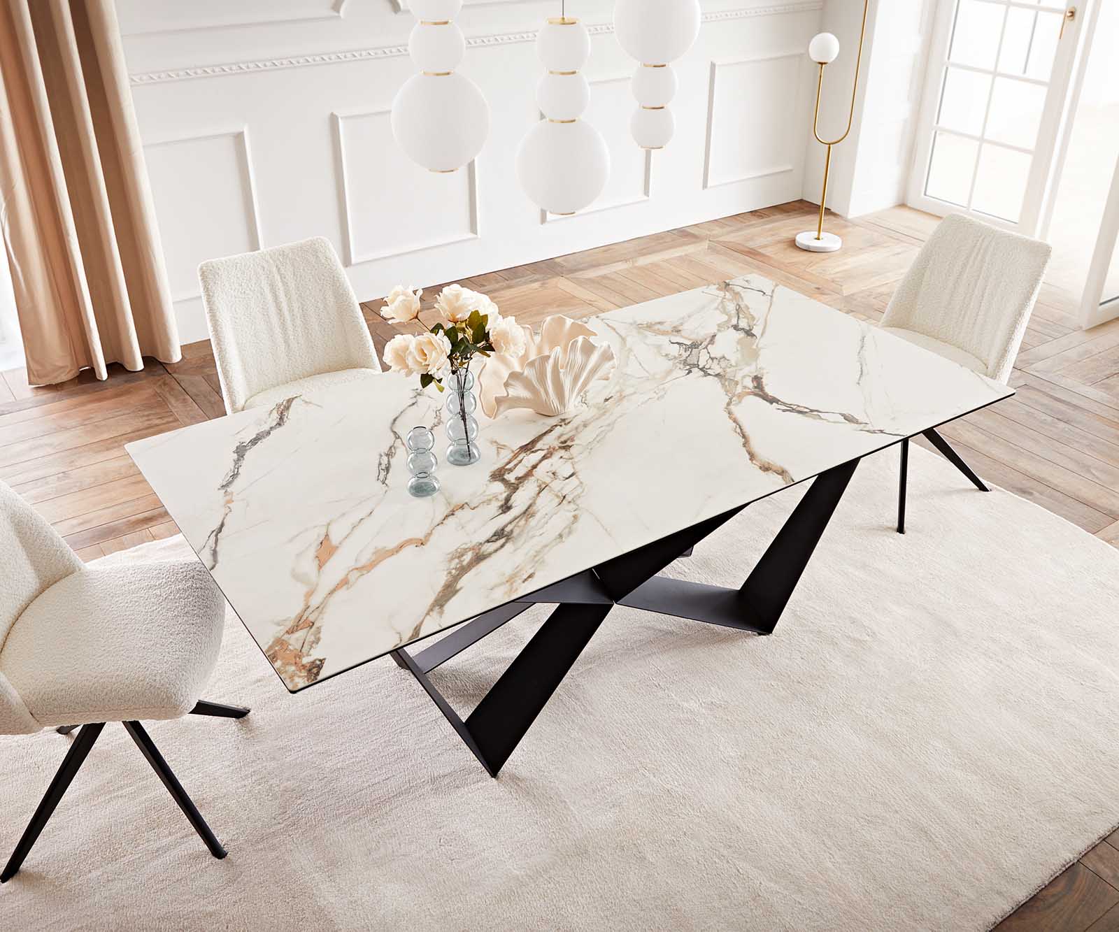 Table à manger Edge 200x100 céramique Calacatta Luxe blanc-doré-gris Spider acier plat noir 5