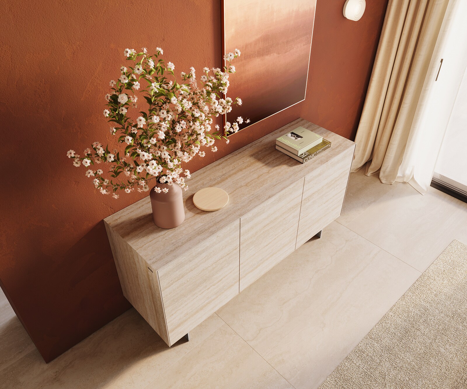 Buffet Cuor 150 cm Céramique Laminam® Travertino Bianco Crème-blanc 3 Portes Pied optique flottant Ancier inoxydable 4