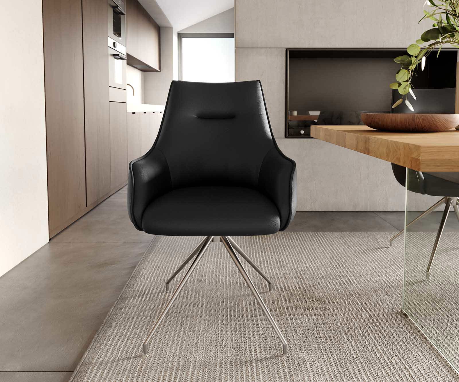 Drehstuhl Alja-Flex mit Armlehnen Echt-Leder Schwarz Kreuzgestell konisch Edelstahl 180° drehbar Taschenfederkern 1 Drehstuhl Alja-Flex mit Armlehnen Echt-Leder Schwarz Kreuzgestell konisch Edelstahl 180° drehbar Taschenfederkern 1