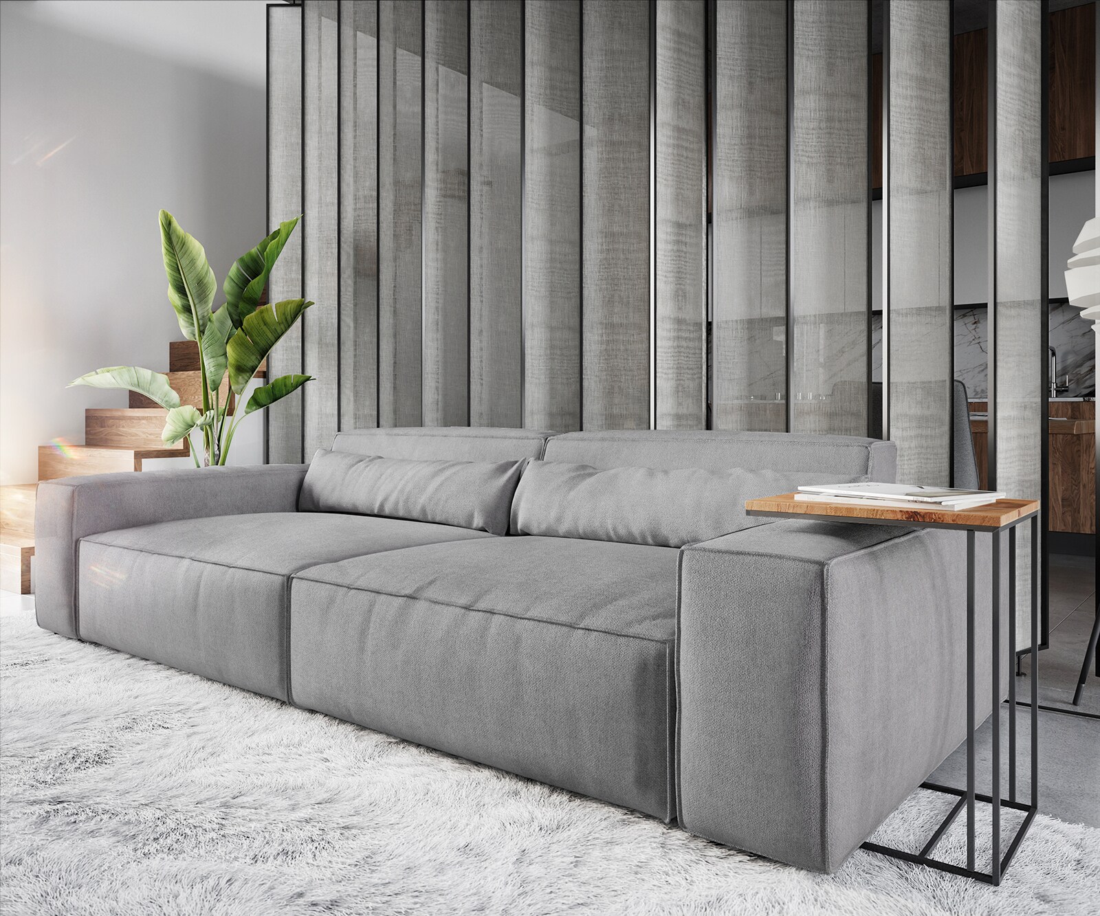 Big-Sofa Sirpio XL 270x130 cm Mikrofaser Grau mit Hocker 4