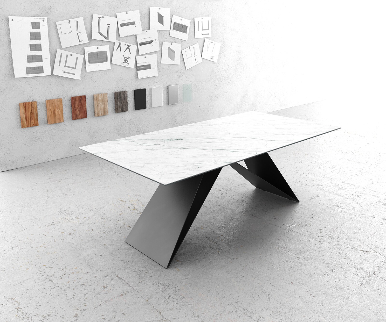 Esstisch Edge 200x100cm Keramik Laminam®Statuarietto Weiß V-Mittelfuß Schwarz 1