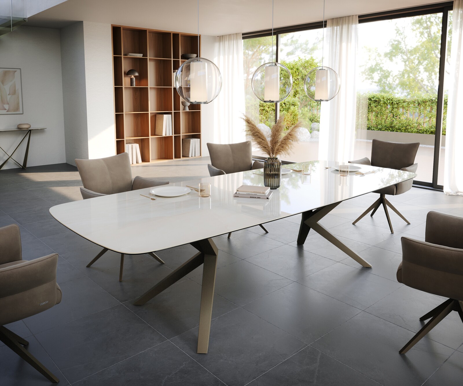 Esstisch Edge Boot 300x120 cm Keramik Onyx Champagne Zenthara Metall Effektfinish Titan