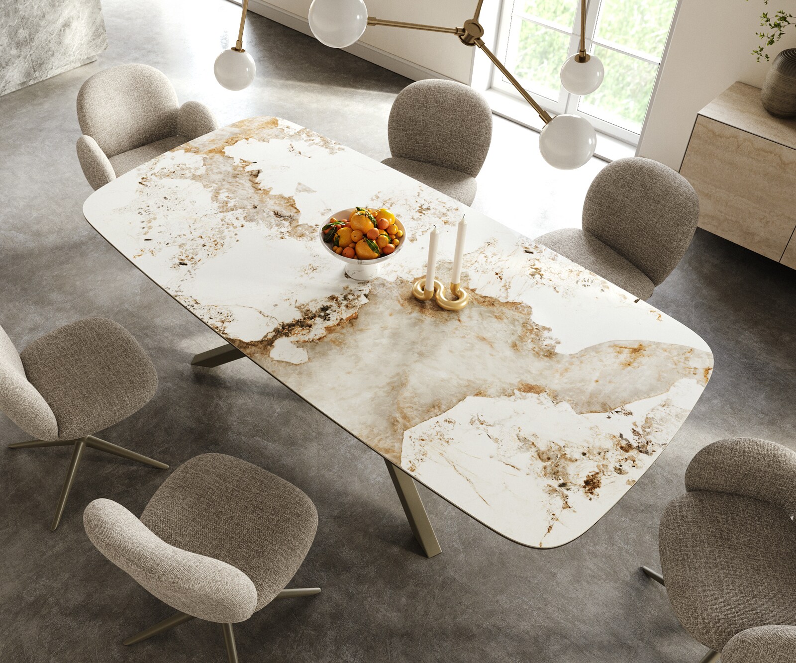 Esstisch Edge Boot 240x120 cm Keramik Minas Melange Weiß-Beige Kreuzgestell Rechteck Effektfinish Titan 3
