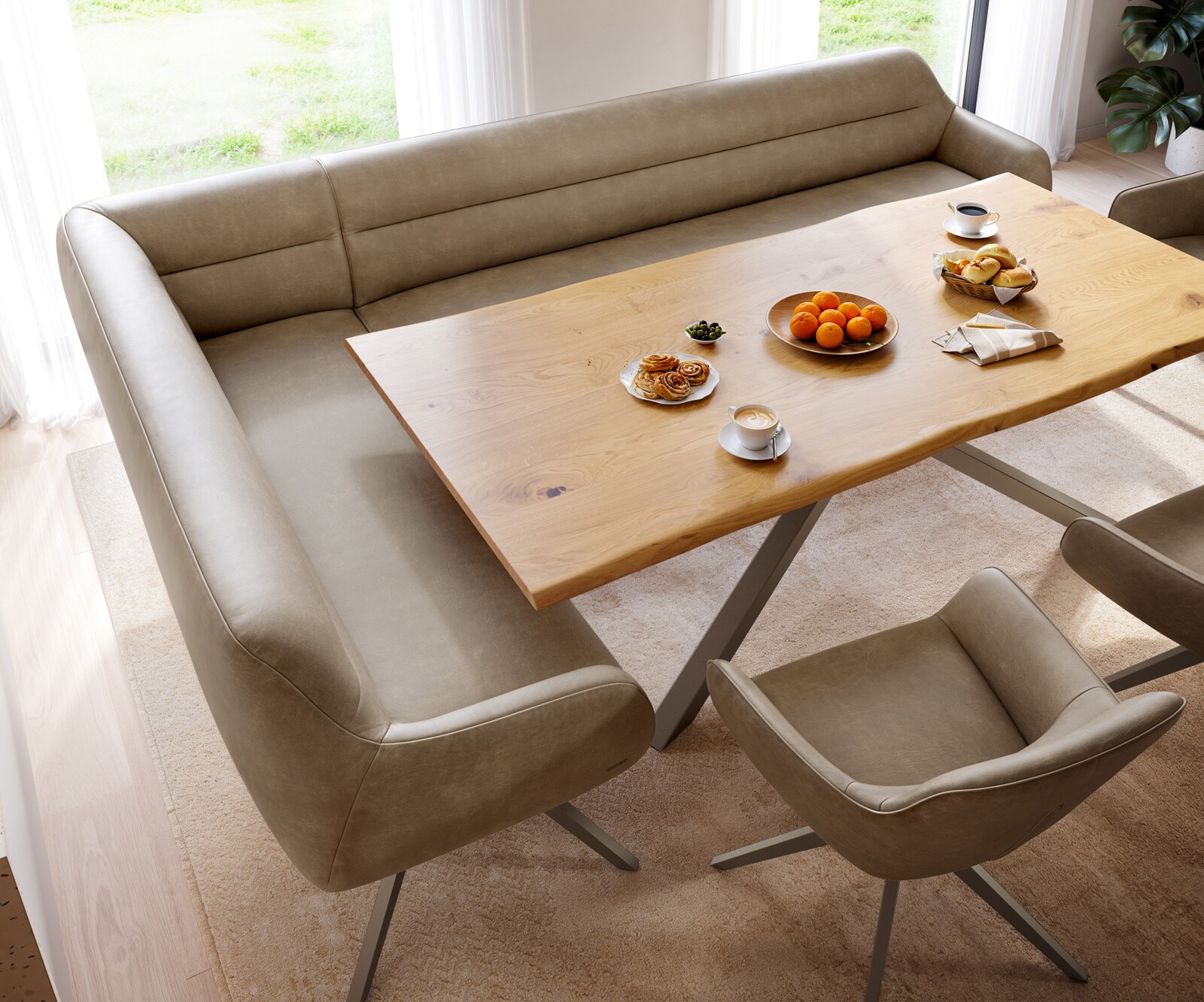 Esszimmerbank Taya-Flex 285x190 cm Mikrofaser Beige Vintage Kreuzgestell kantig Effektfinish Titan Taschenfederkern Rechts 4