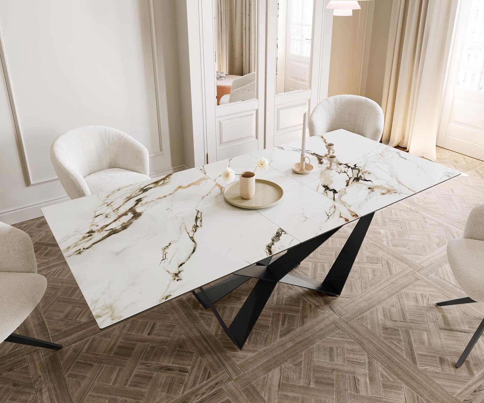Table à manger Edge 180-220x100 céramique Calacatta Luxe blanc-doré-gris Spider acier plat noir extensible 4