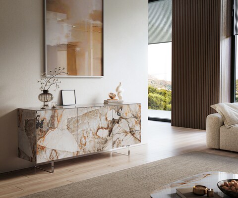 Sideboard Cuor 180 cm Keramik Patagonia Poliert 2 Türen 3 Schubfächer Fuß Schwebeoptik Acrylglas