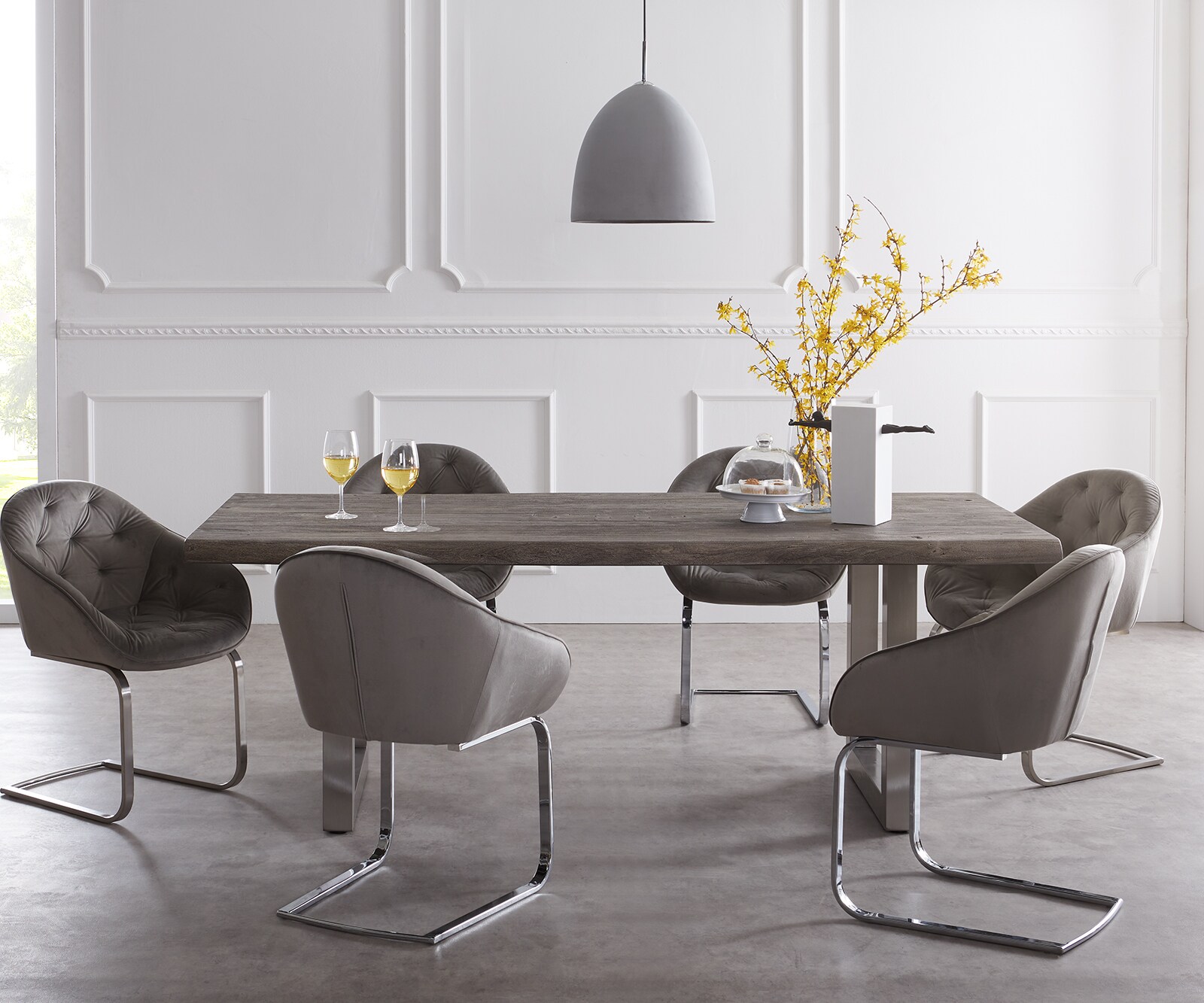 Esstisch Edge 220x100cm XL Akazie Platin Edelstahl breit Live-Edge 2