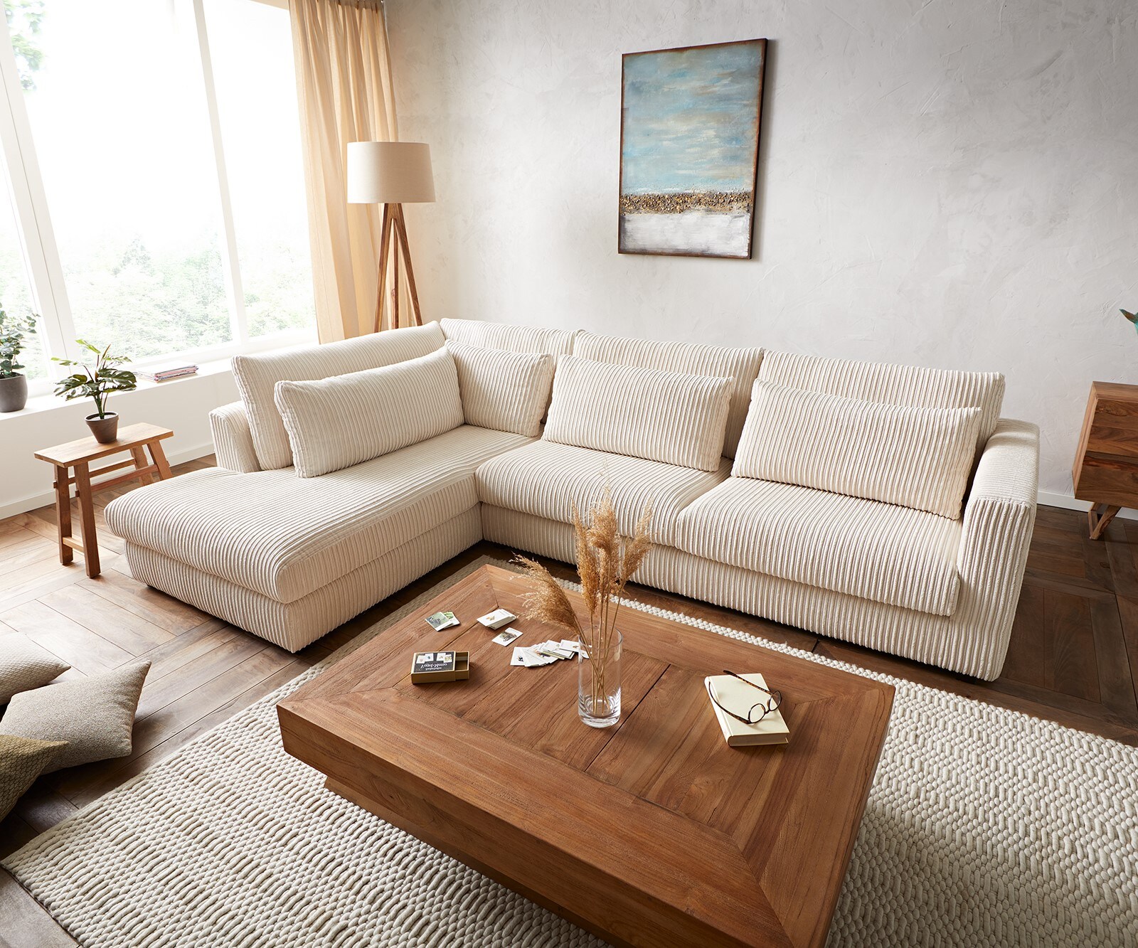 Ecksofa Isla 330x225 cm Cord Beige Ottomane links 1