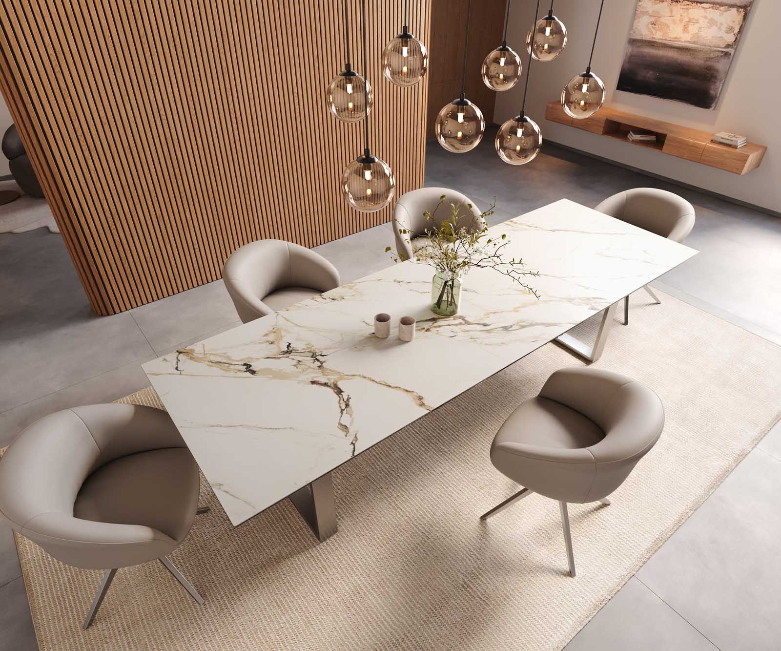 Table à manger Edge 300x100 céramique Calacatta Luxe blanc-doré-gris acier inoxydable mince 6
