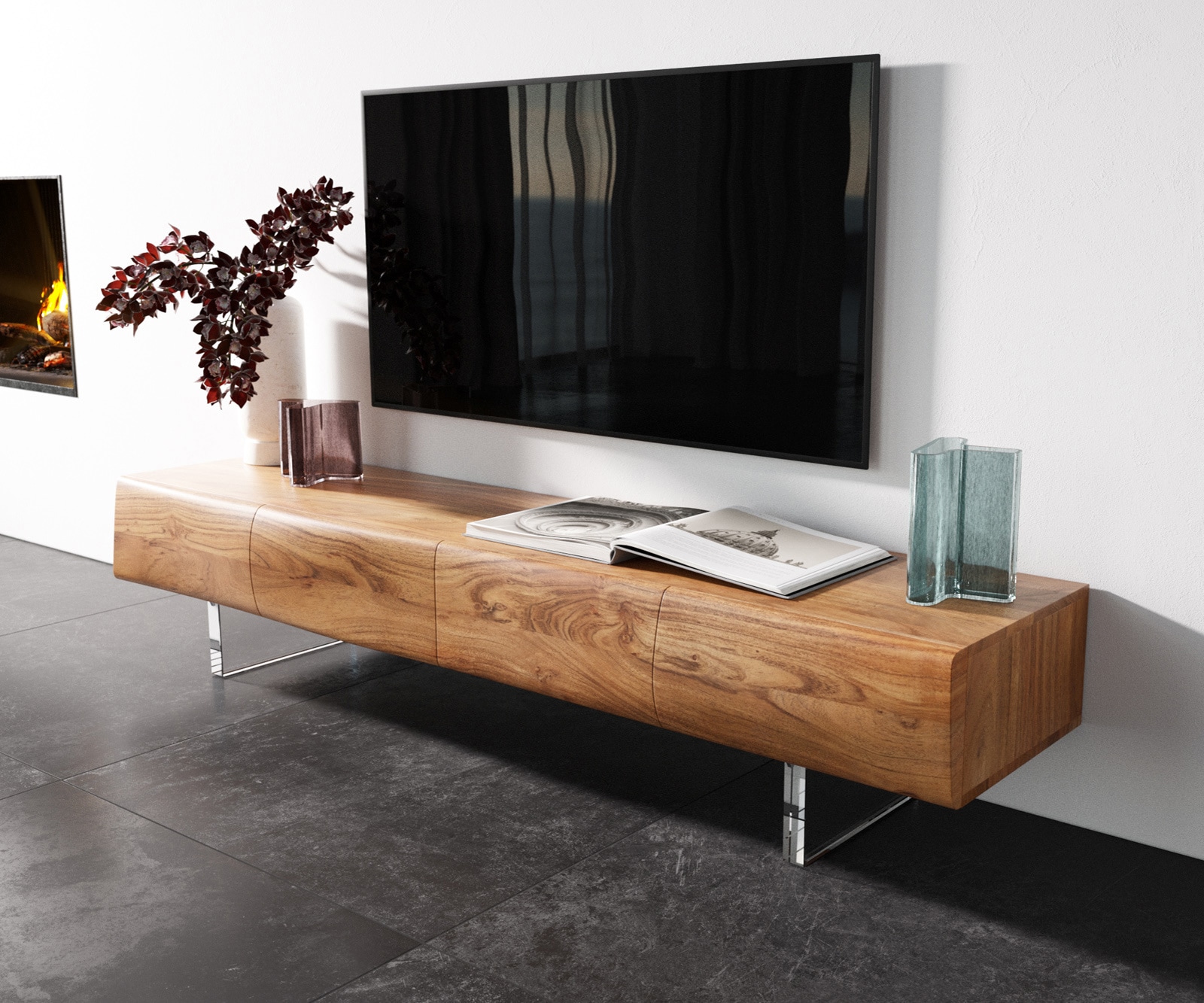 Meuble -TV New Live-Edge 175 cm acacia naturel 4 portes pied acrylique Meuble -TV New Live-Edge 175 cm acacia naturel 4 portes pied acrylique