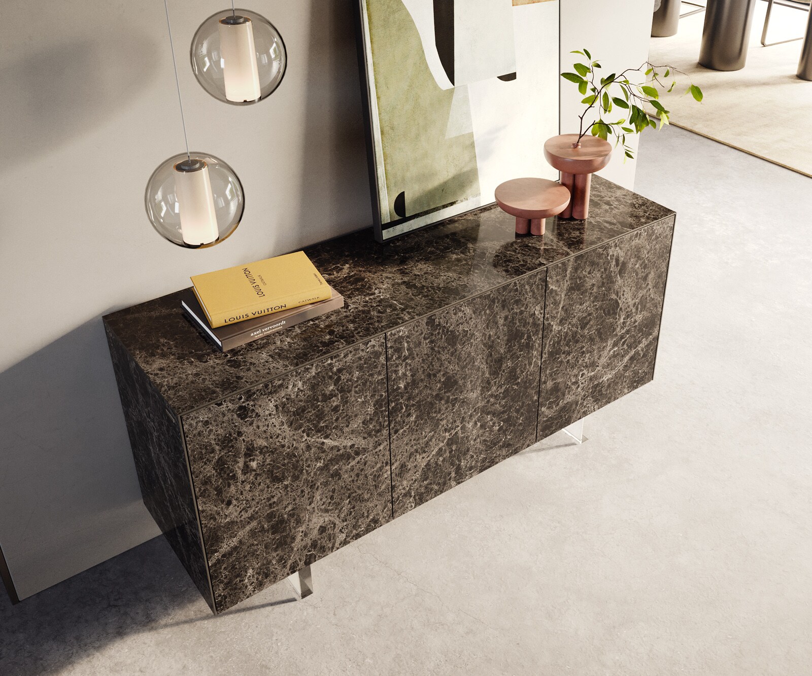 Buffet Cuor 150 cm Céramique Laminam® Emperador Extra Lucidato brun foncé 3 Portes Pied optique flottant Verre acrylique 4
