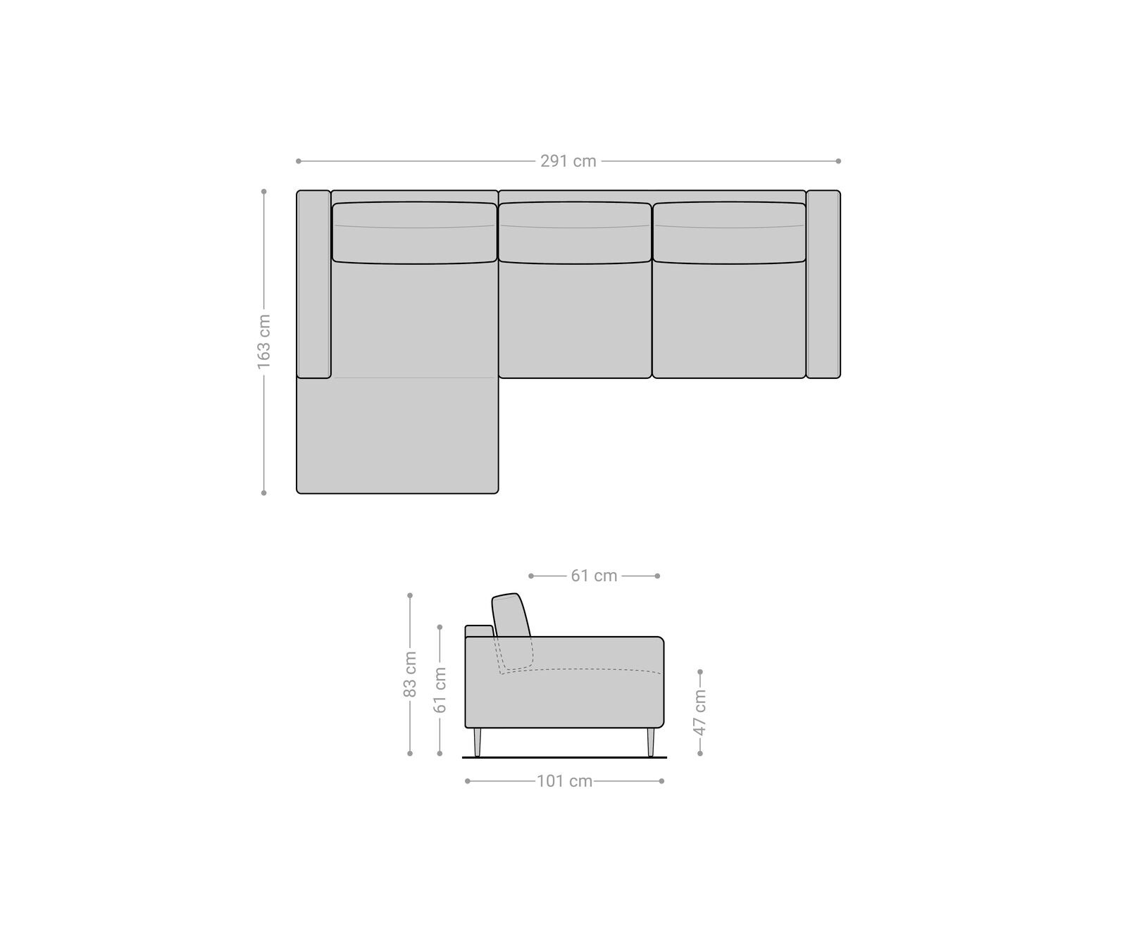 Canapé-d'angle Sottil 290 x 165cm chenille anthracite Recamière gauche 6