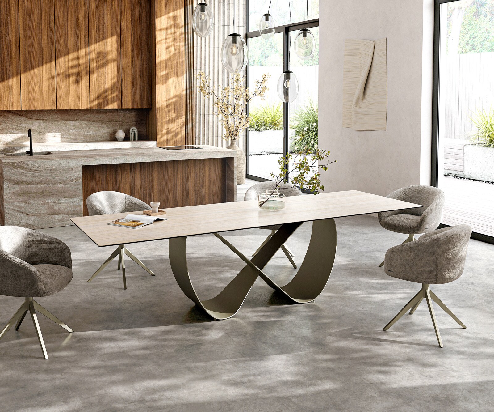 Table à manger Edge 300x100 céramique Laminam® Travertino Bianco crème-blanc Infinity métal effet finition titanee 6