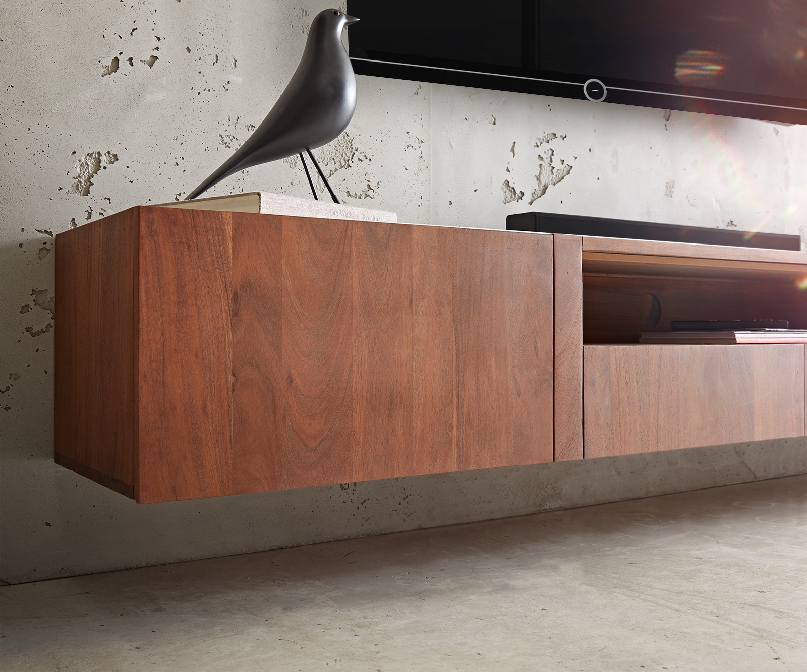 Lowboard Secara 220 cm Akazie Braun 2 Türen 2 Schübe Marmor schwebend 5 Lowboard Secara 220 cm Akazie Braun 2 Türen 2 Schübe Marmor schwebend 5