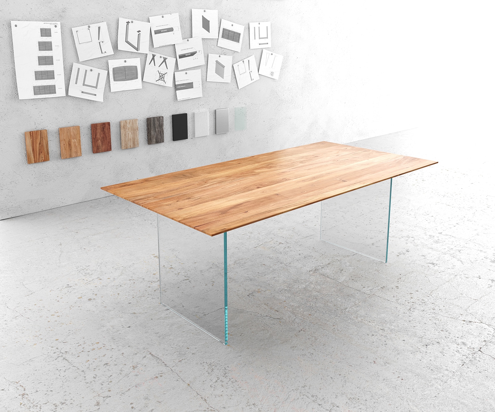 Esstisch Edge 200x100 cm Akazie Natur Gestell Glas Schweizer Kante Esstisch Edge 200x100 cm Akazie Natur Gestell Glas Schweizer Kante