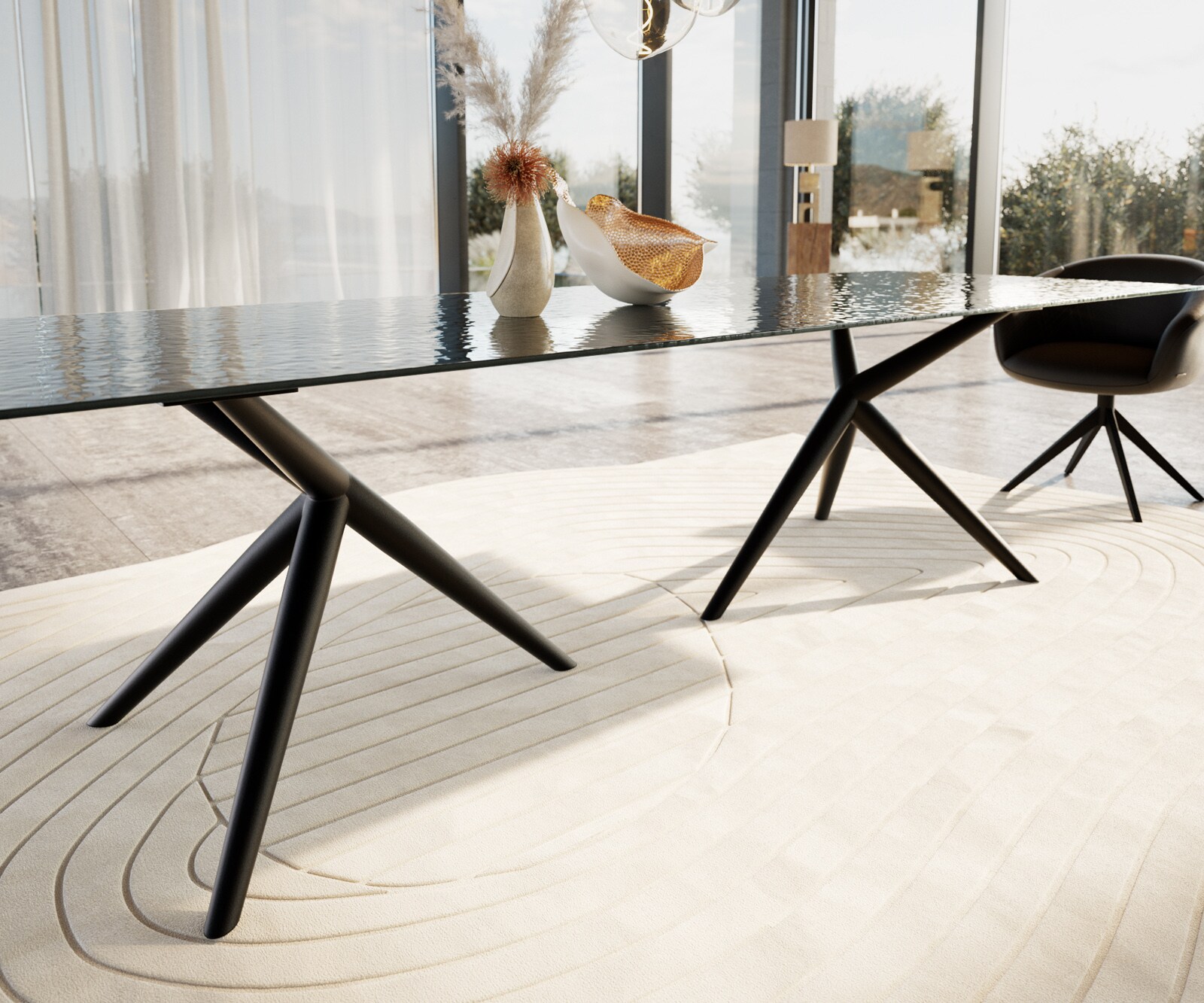 Esstisch Edge 300x100 Reliefglas Rauchschwarz 3D-Design Estelar rund Metall Schwarz 4