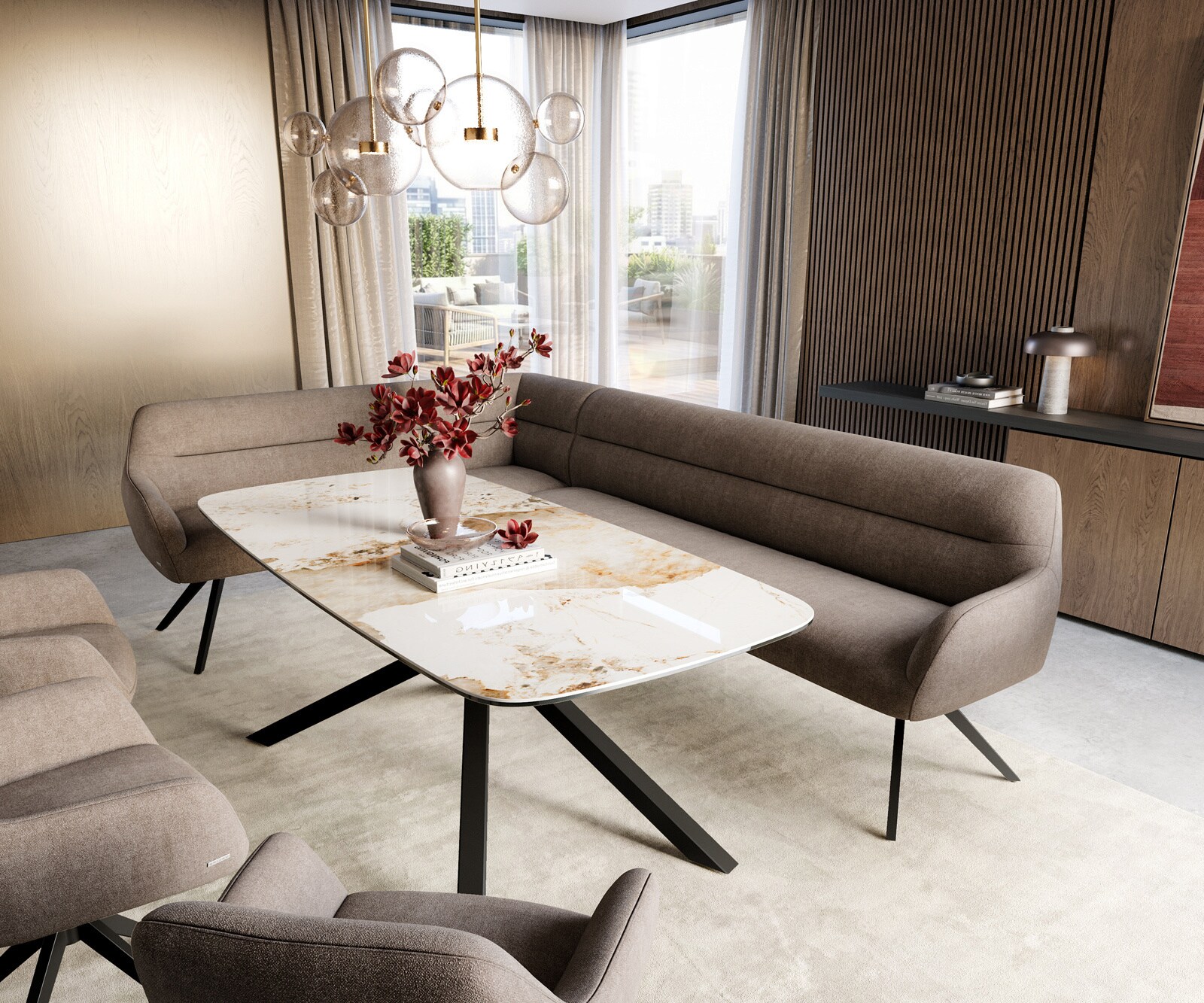 Banc-de-salle-à-manger Taya-Flex 285x190 cm tissu structuré doux taupe pied croisé angulaire noir ressort ensaché à droite 1