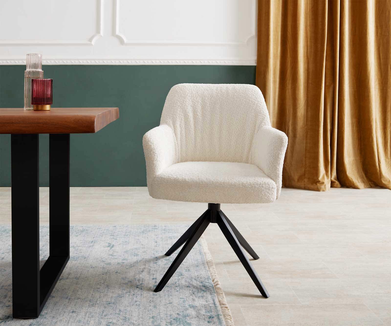 Drehstuhl Xana-Flex mit Armlehnen Bouclé Weiß Kreuzgestell breit Schwarz 360° drehbar Taschenfederkern 1 Drehstuhl Xana-Flex mit Armlehnen Bouclé Weiß Kreuzgestell breit Schwarz 360° drehbar Taschenfederkern 1