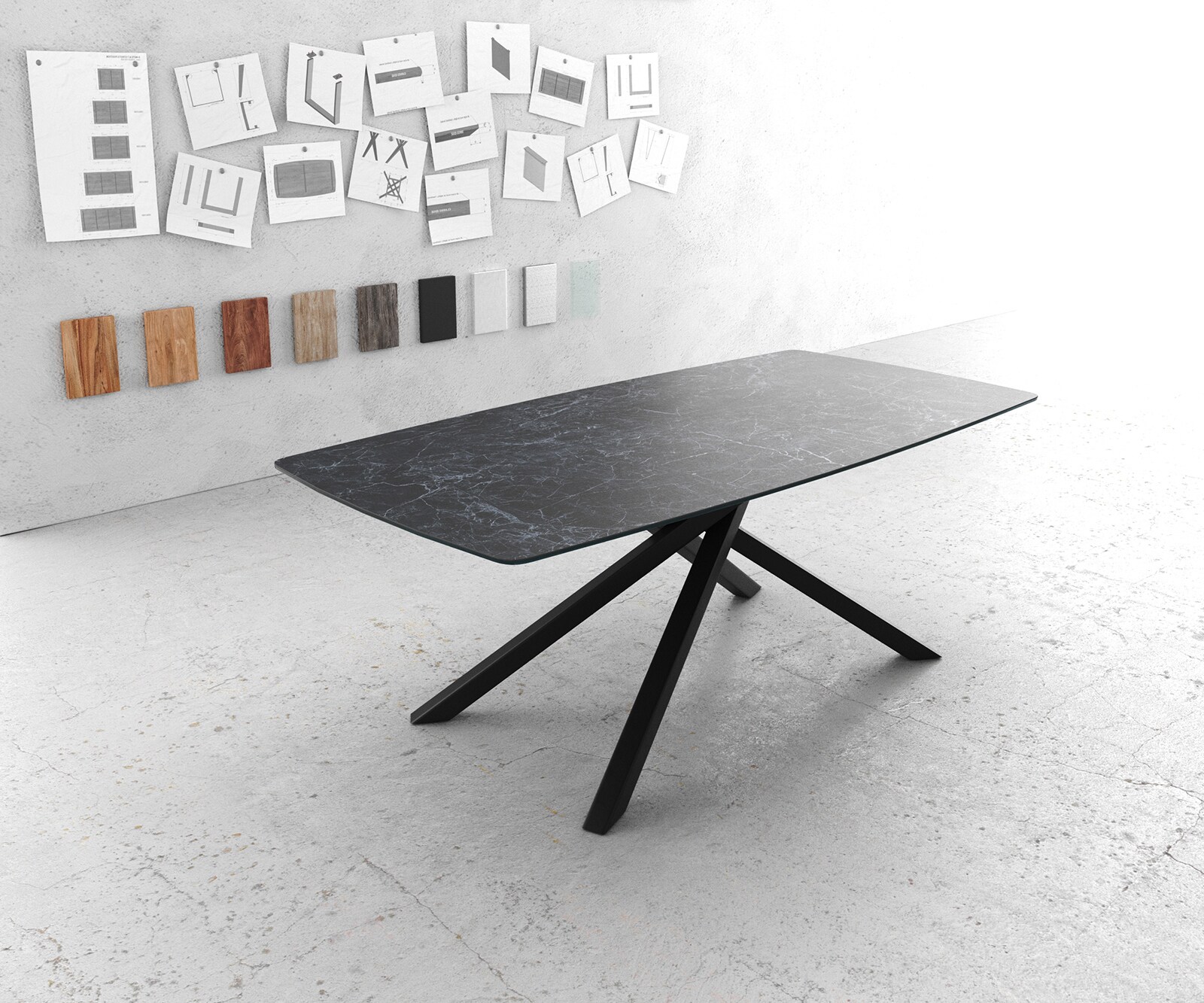 Esstisch Edge Bootsform 200x100cm Laminam® Keramik Nero Greco Anthrazit Mittelfuß Kreuz Schwarz 1