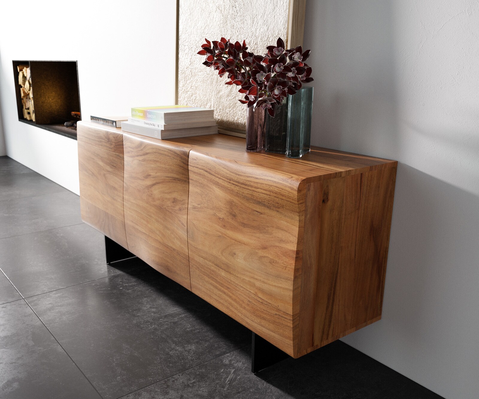 Buffet New Live-Edge 145 cm acacia naturel 3 portes pied aspect flottant métal noir 1