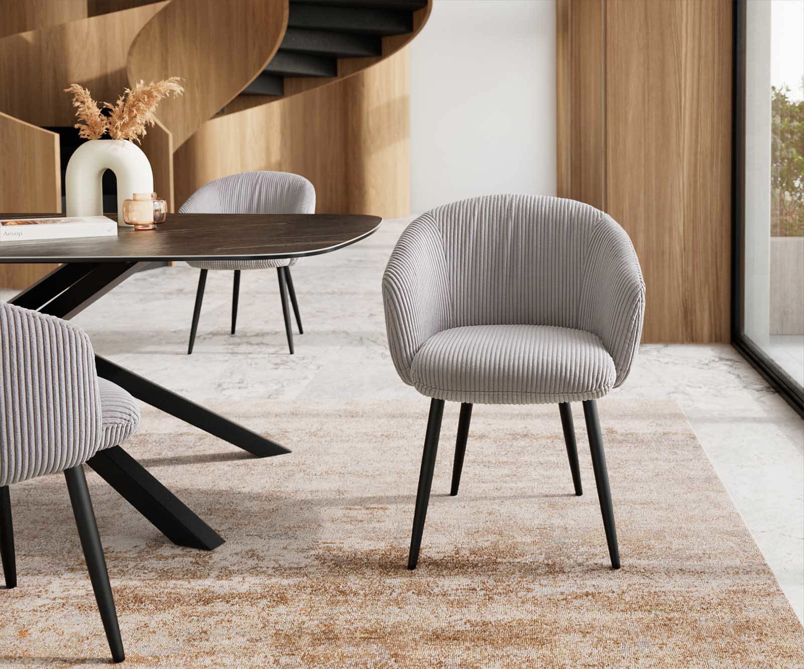 Chaise-de-salle-à-manger Caja-Flex avec accoudoirs côtelé gris argenté 4 pieds coniques noir ressorts ensachés 1