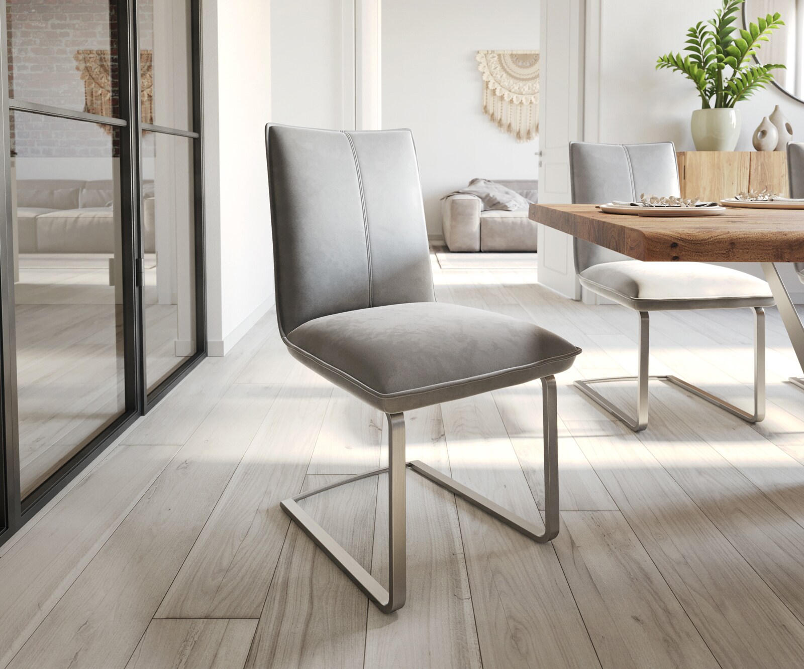 Schwingstuhl Lelio-Flex Samt Grau Freischwinger flach Edelstahl  Taschenfederkern