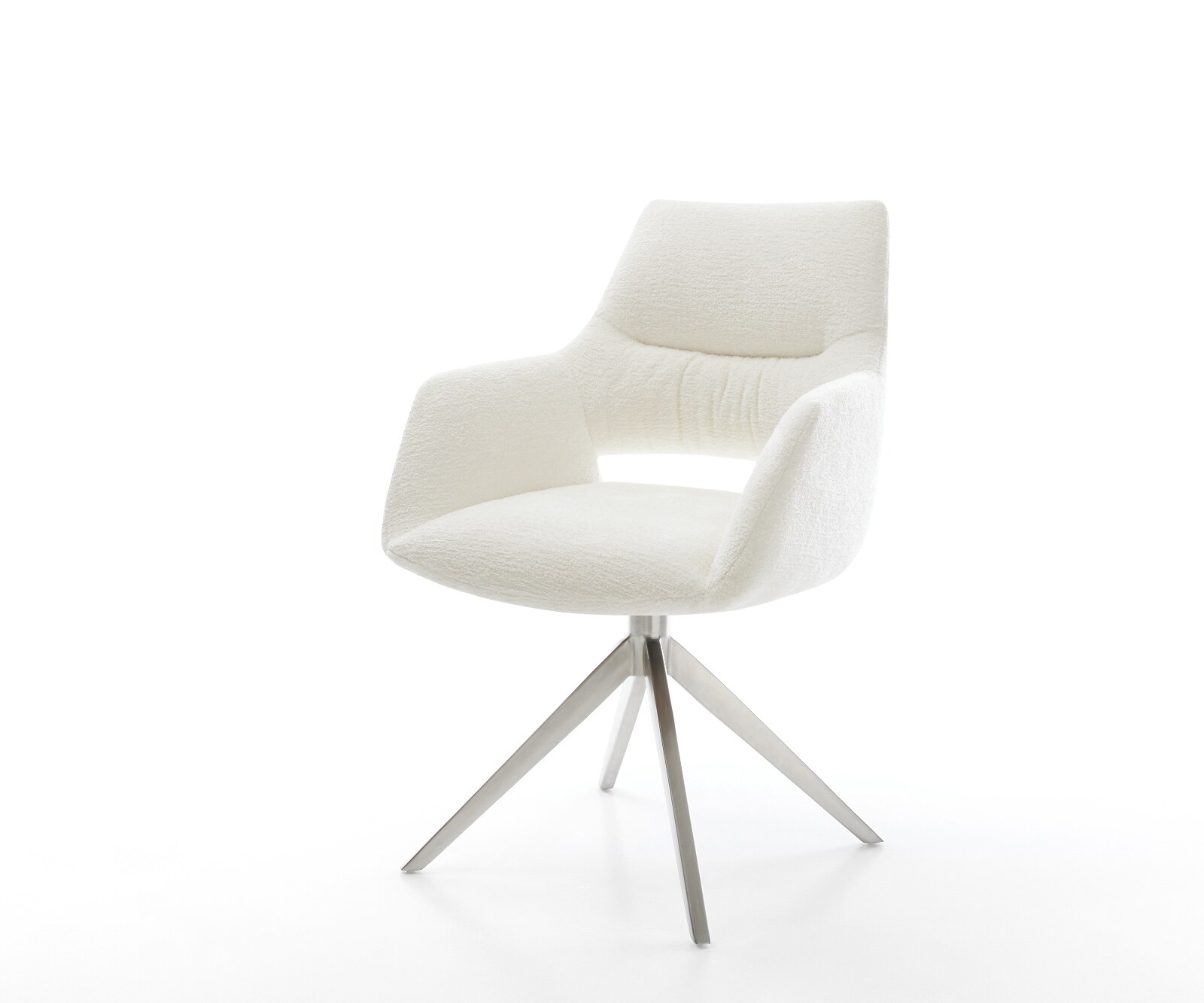 Drehstuhl Yago-Flex mit Armlehnen Bouclé Soft Beige Kreuzgestell breit Edelstahl 360° drehbar Wippfunktion Taschenfederkern 1