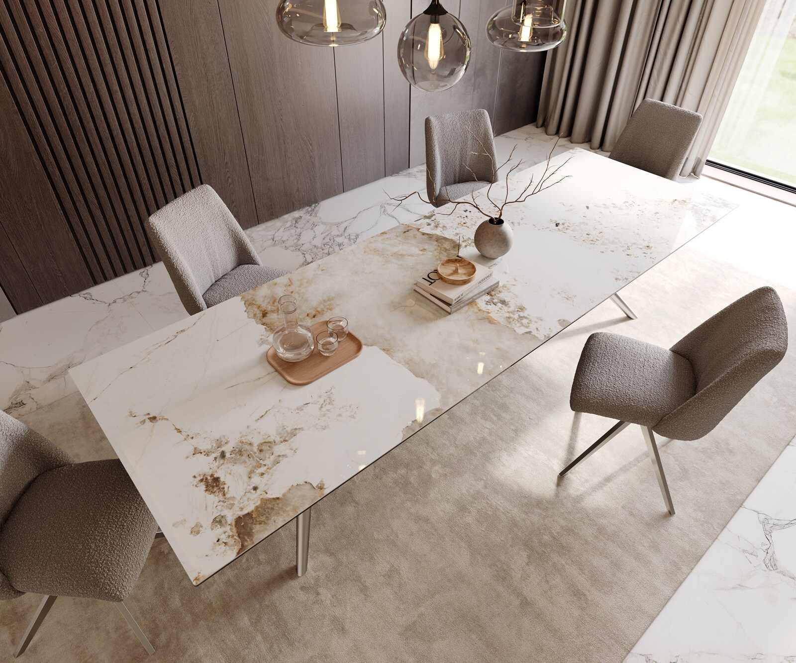 Esstisch Edge 300x100 Keramik Minas Melange Weiß-Beige Estelar rund Edelstahl 3
