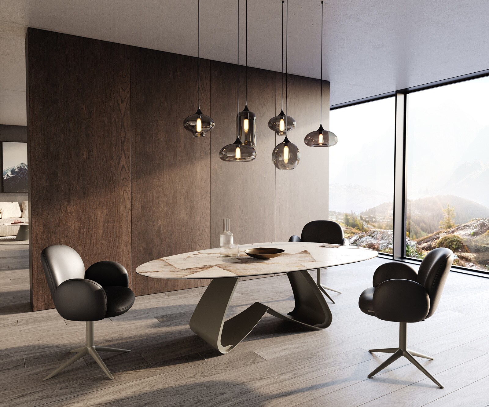 Table à manger Edge ovalee 220x120 céramique Iris FMG Patagonia Lappato cadre en W métal effet finition titanee 6