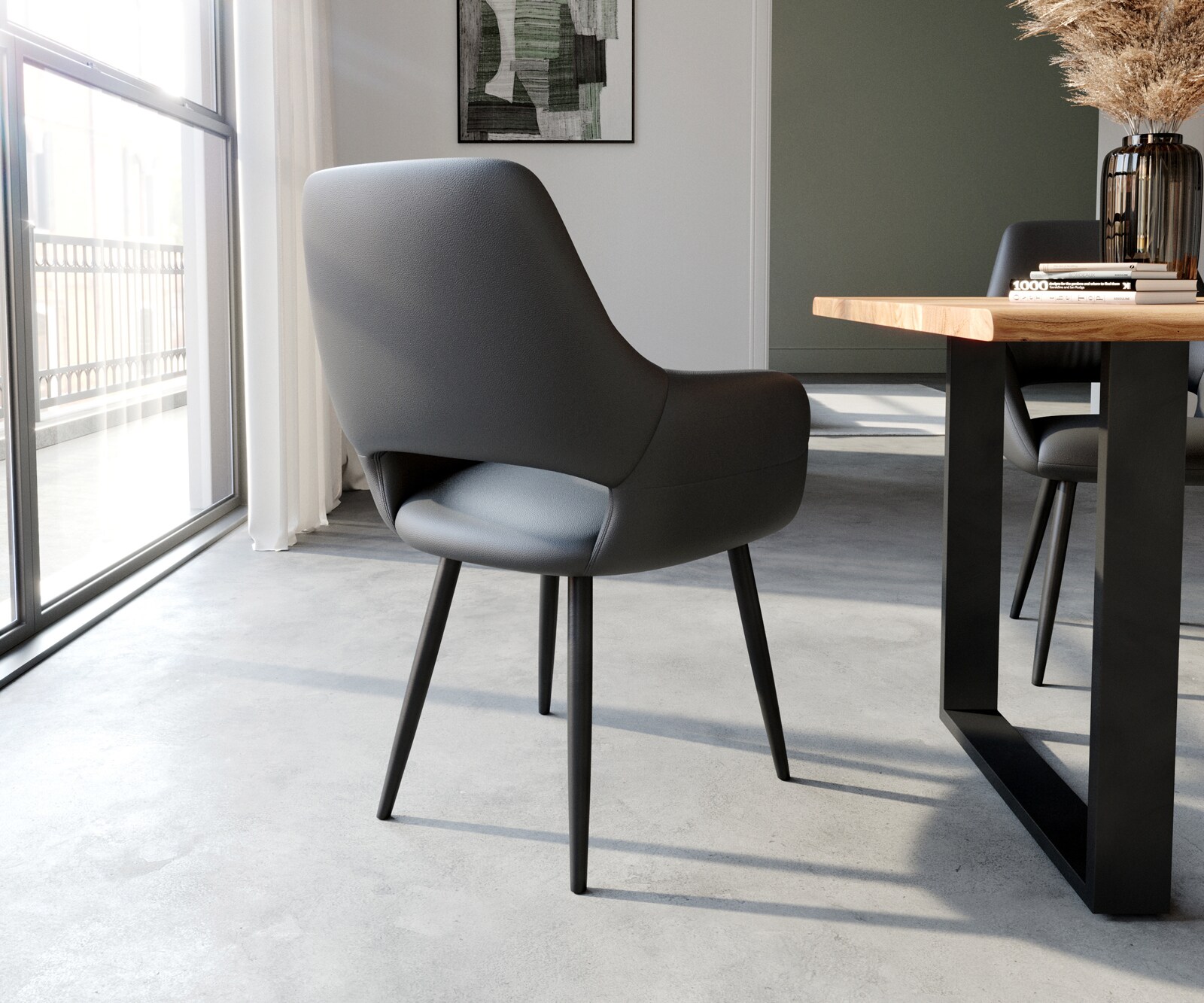 Chaise-de-salle-à-manger Yago-Flex avec accoudoirs cuir de vache noir 4 pieds coniques noir ressorts ensachés 4