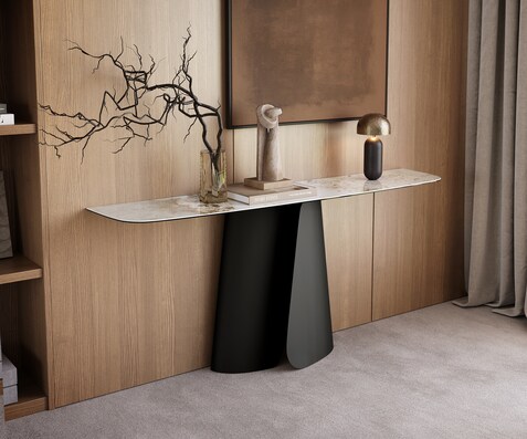 Console Edge forme bateau 180x40 cm Céramique Minas Melange Weiß-Beige Livos Métal Noir