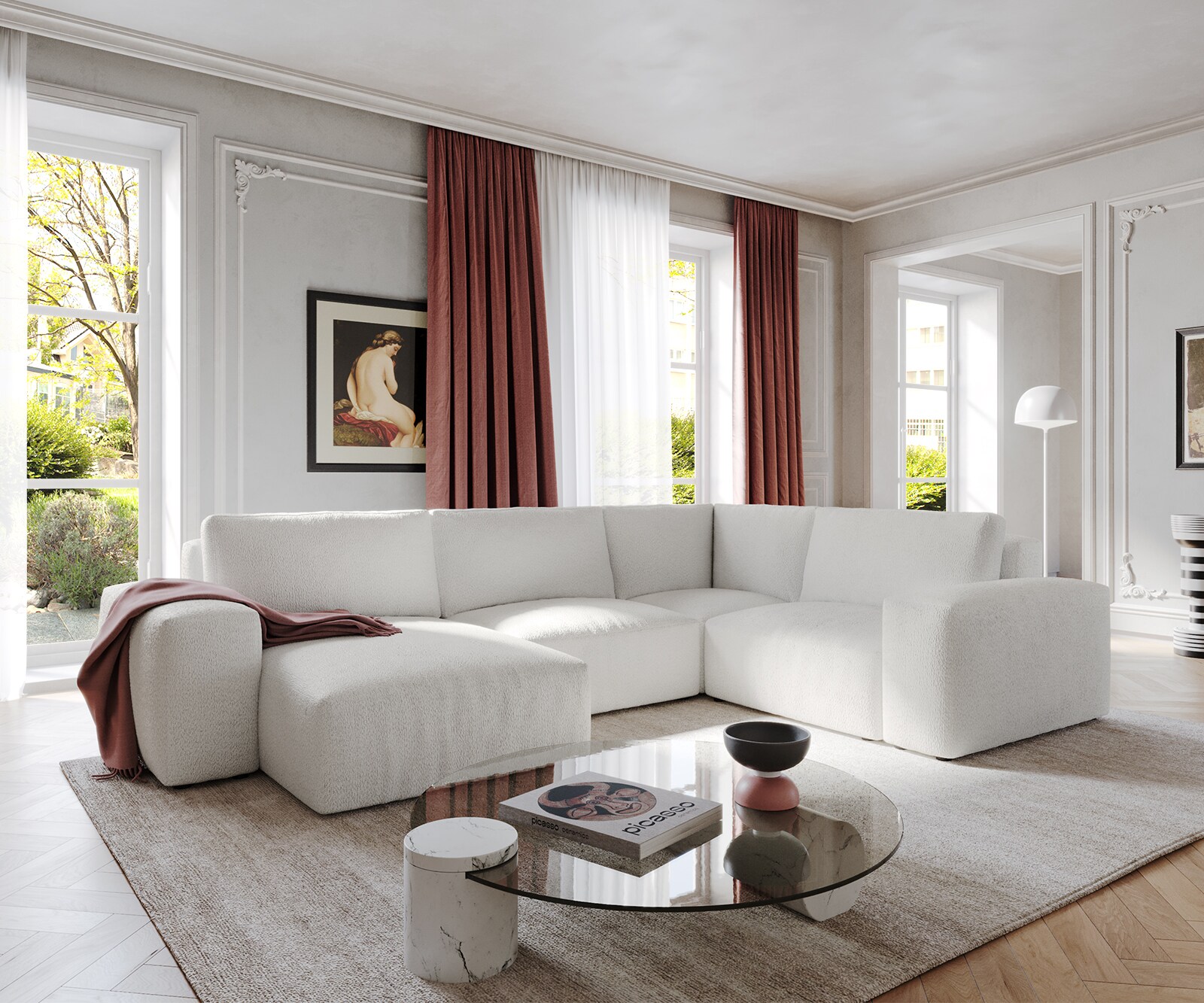 Wohnlandschaft Lanzo 300x210 cm Bouclé Creme-Weiß Recamiere variabel